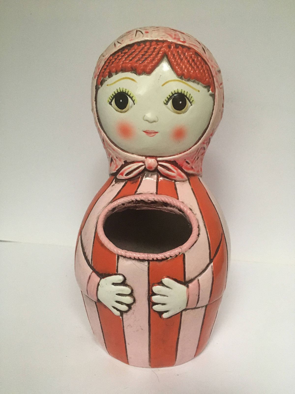 Paper Mache Wall Pocket Pen Holder. Folk Art Storage. Hand Painted Gemma Taccogna Style Storage Vase Red White Dress.