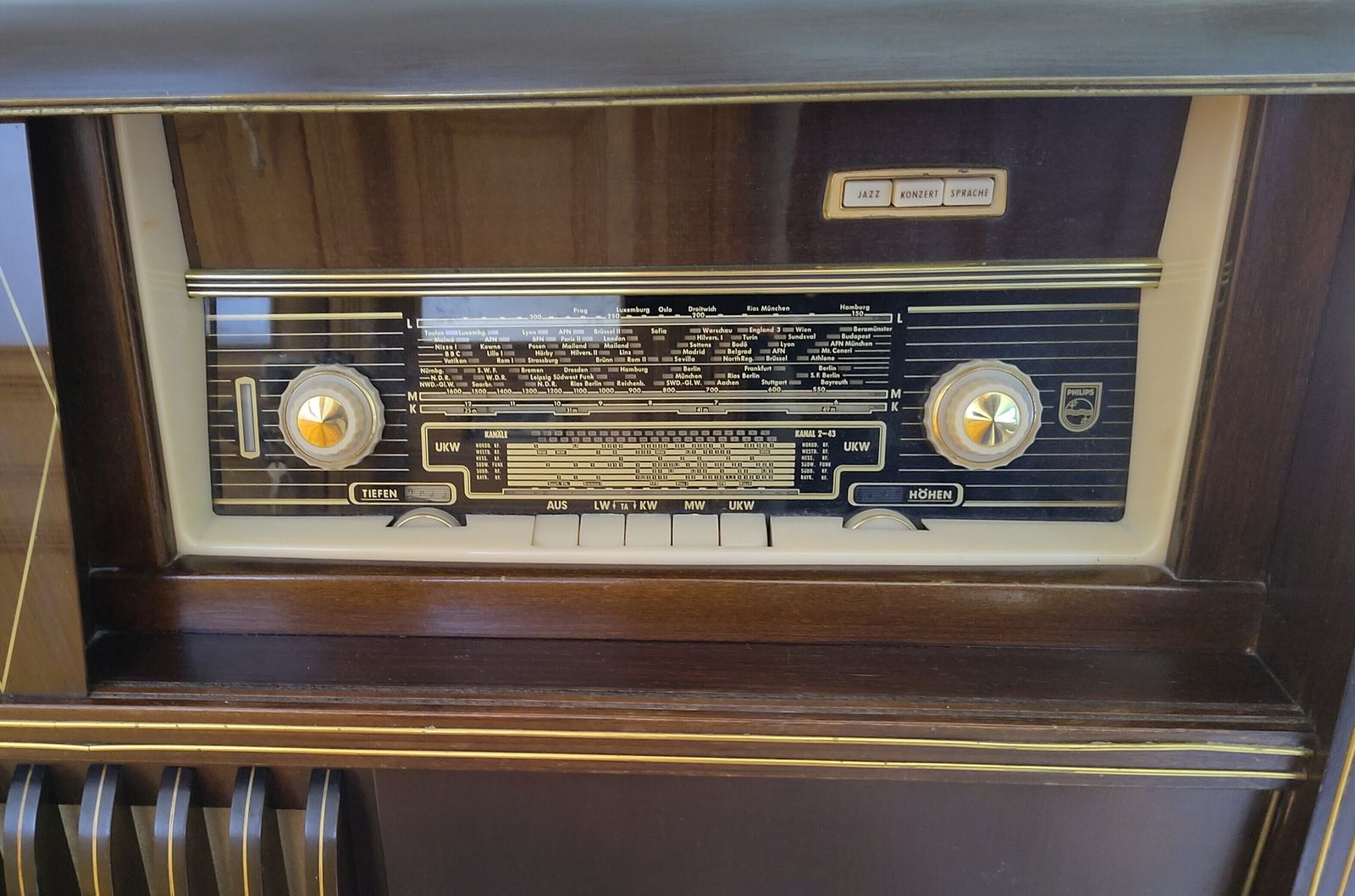 Mid‑Century West German Philips Music Cabinet — Sculptural Front, Brass Contouring, Patterned Glass photo buy