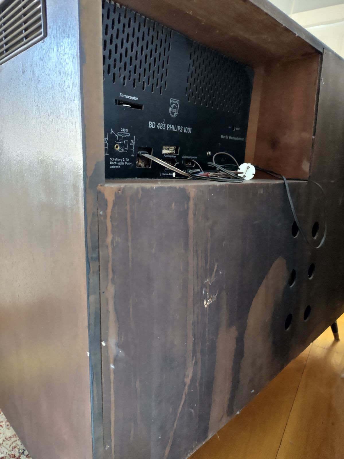 photo for sale Mid‑Century West German Philips Music Cabinet — Sculptural Front, Brass Contouring, Patterned Glass