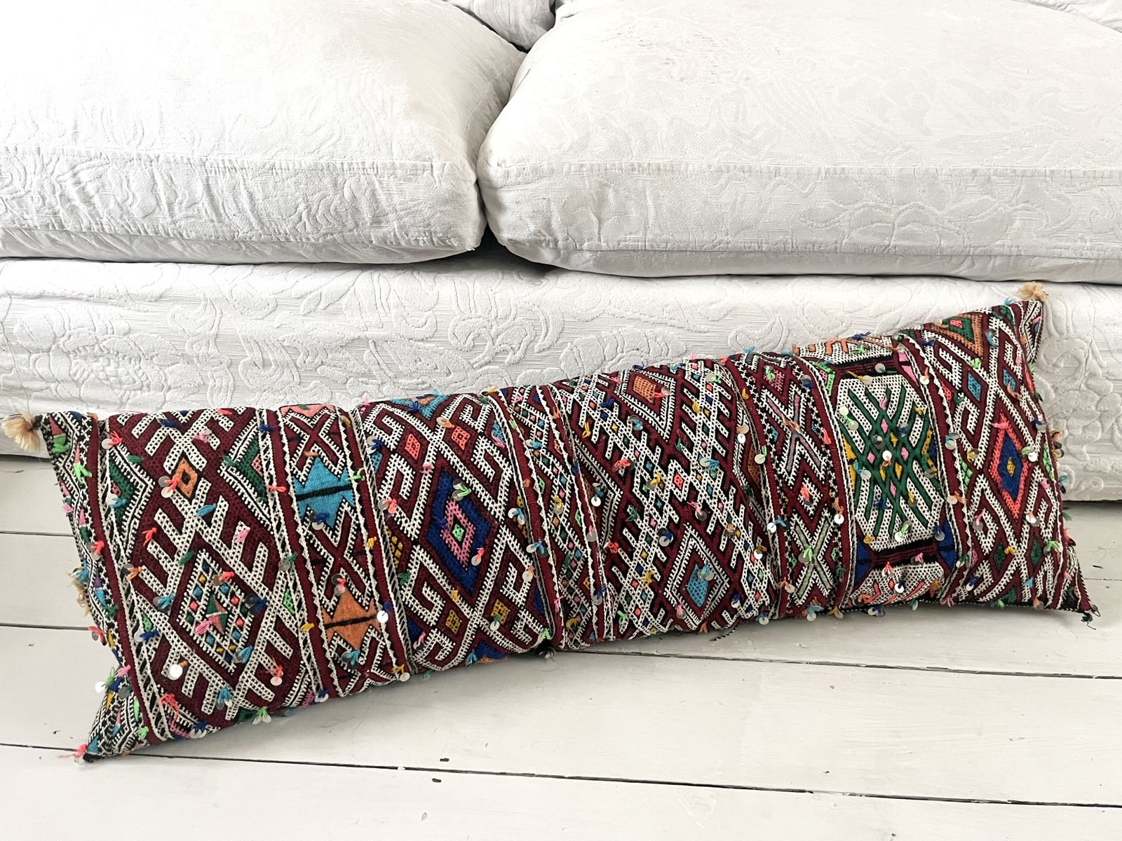 Vintage Moroccan Berber Xxxl Amazigh Tribal Motifs, Wool & Silk Rich Multicolour Tones Hand Sewn Sequinned Double Sided  Stuffed Cushion