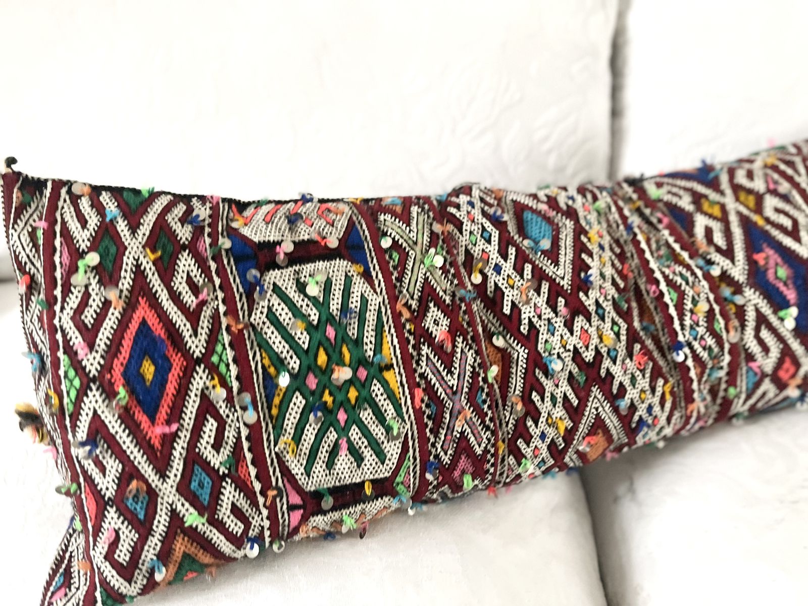 Vintage Moroccan Berber Xxxl Amazigh Tribal Motifs, Wool & Silk Rich Multicolour Tones Hand Sewn Sequinned Double Sided  Stuffed Cushion photo vintage