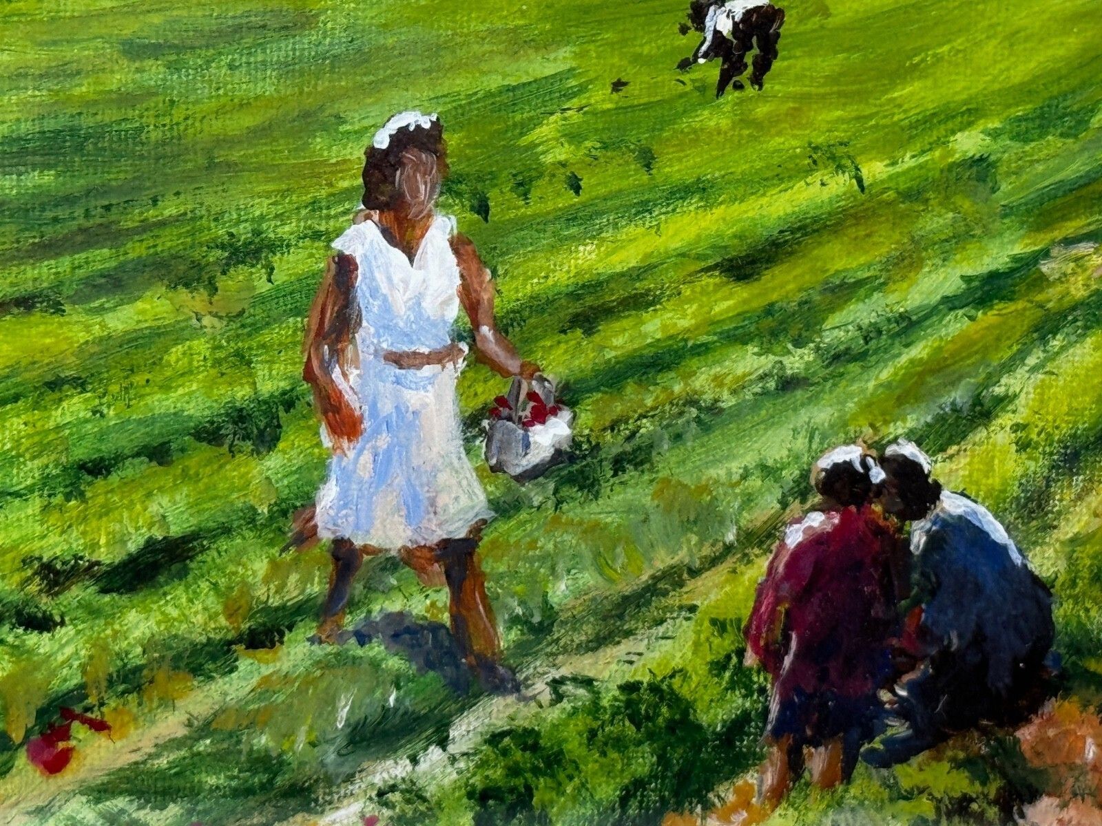 photo vintage Leslie Grover – The Strawberry Pickers | British Impressionist Oil Painting | South Downs Landscape