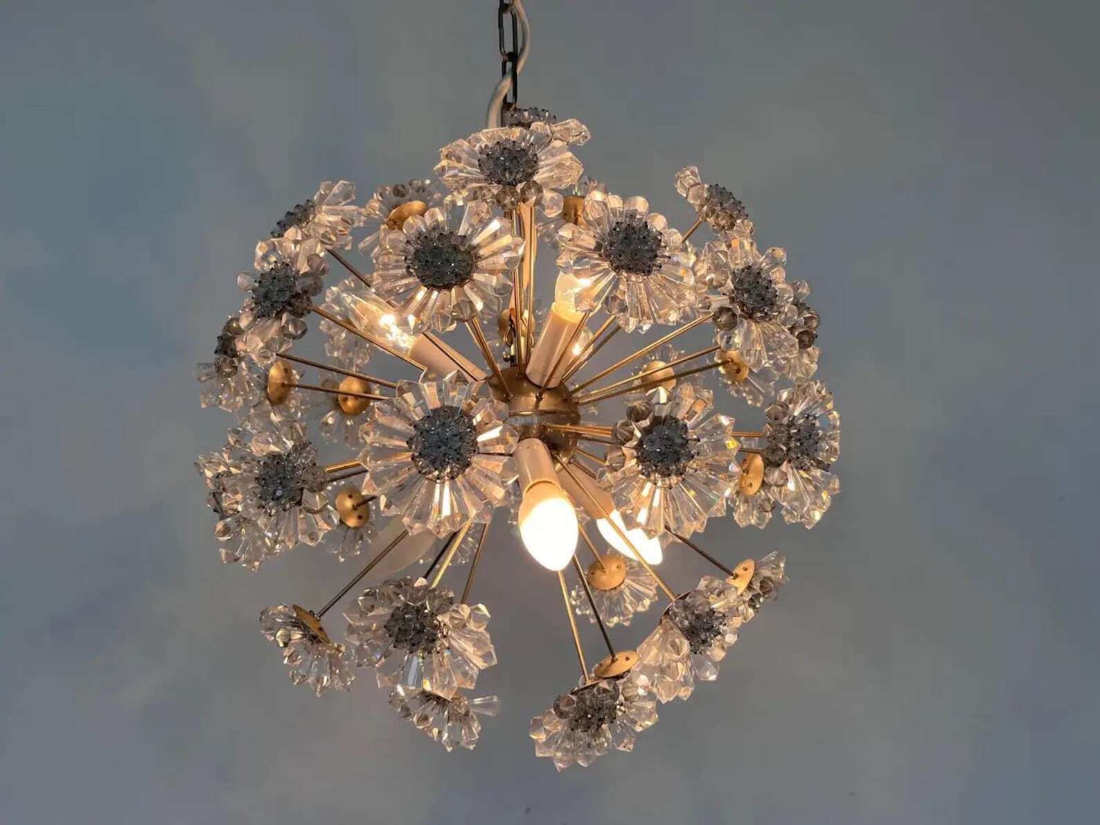 Sputnik Dandelion Chandelier Glass Chrome Emil Stejnar Style 1970s Czechoslovakia. photo 1015.0