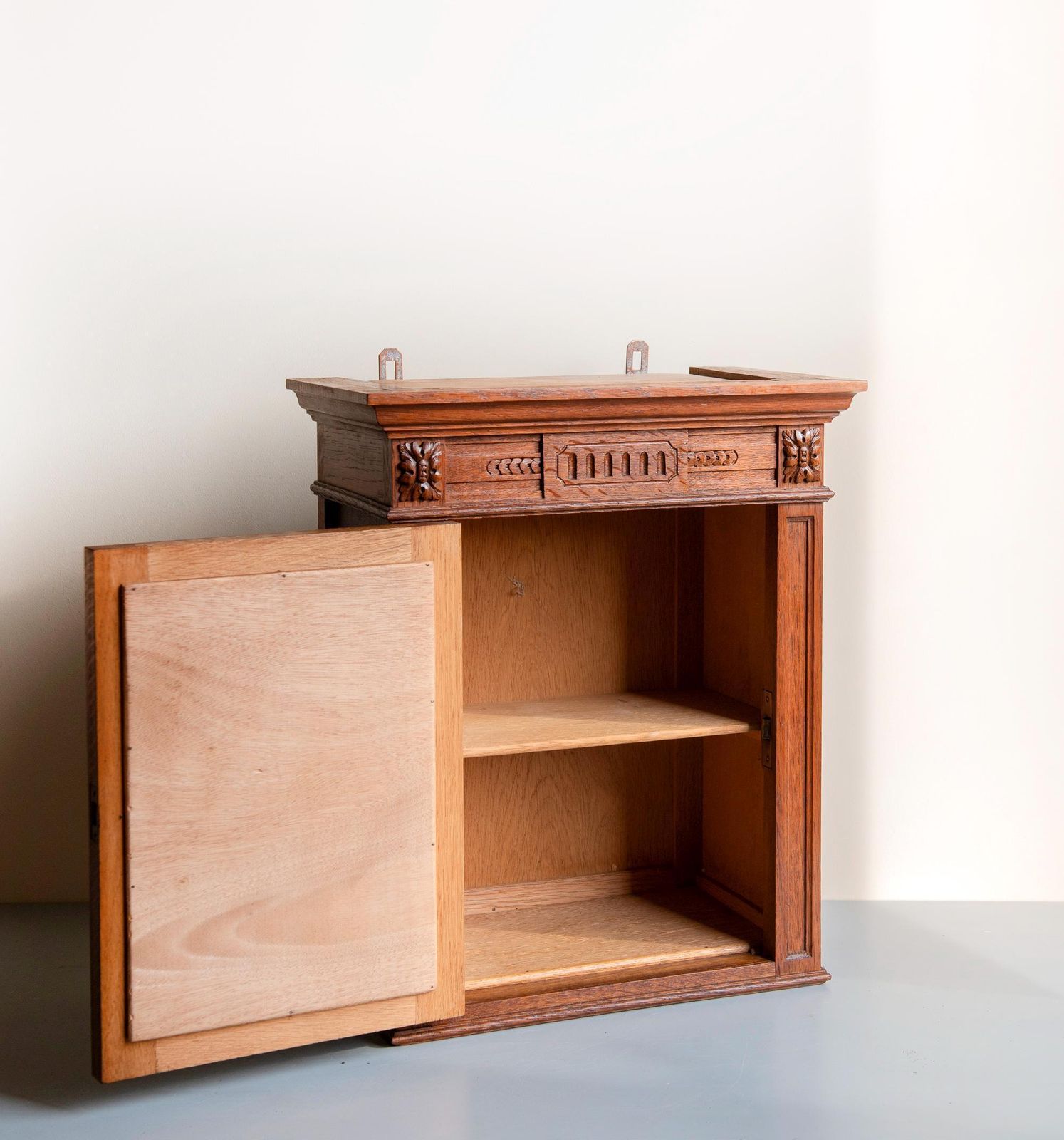 Antique Oak Wall Cabinet With Beveled Mirror – Hand Carved Hanging Medicine Chest – 19th Century. photo buy