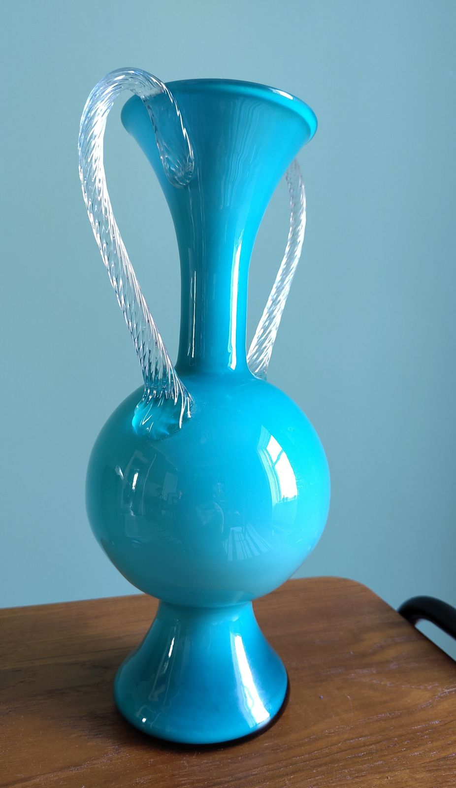 Museum Grade Jugendstil ‘Petrol’ Cased Glass Amphora (C. 1900) Luminous Deep Blue Over Opaline | Hand Blown 32.5cm Sculptural Form | Twisted Clear Handles | Four Generation Provenance photo furniture