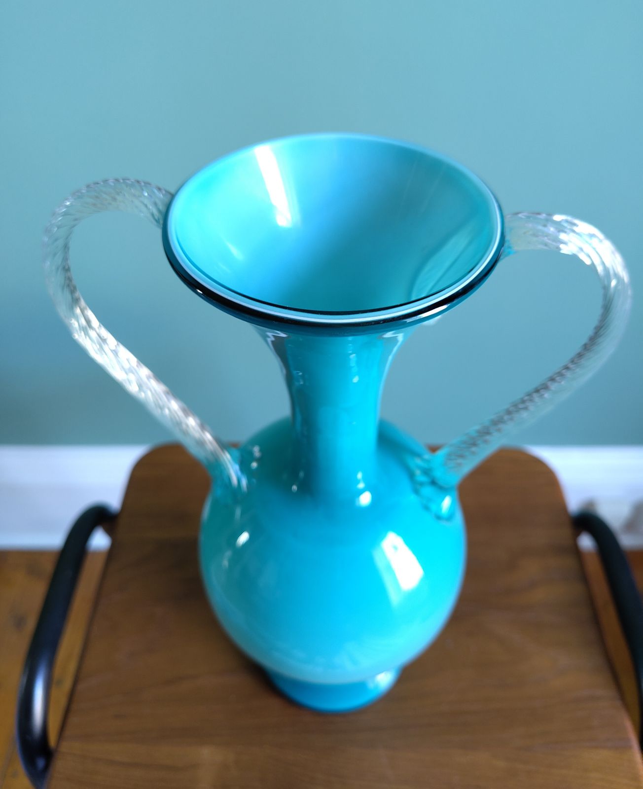 Museum Grade Jugendstil ‘Petrol’ Cased Glass Amphora (C. 1900) Luminous Deep Blue Over Opaline | Hand Blown 32.5cm Sculptural Form | Twisted Clear Handles | Four Generation Provenance photo Art