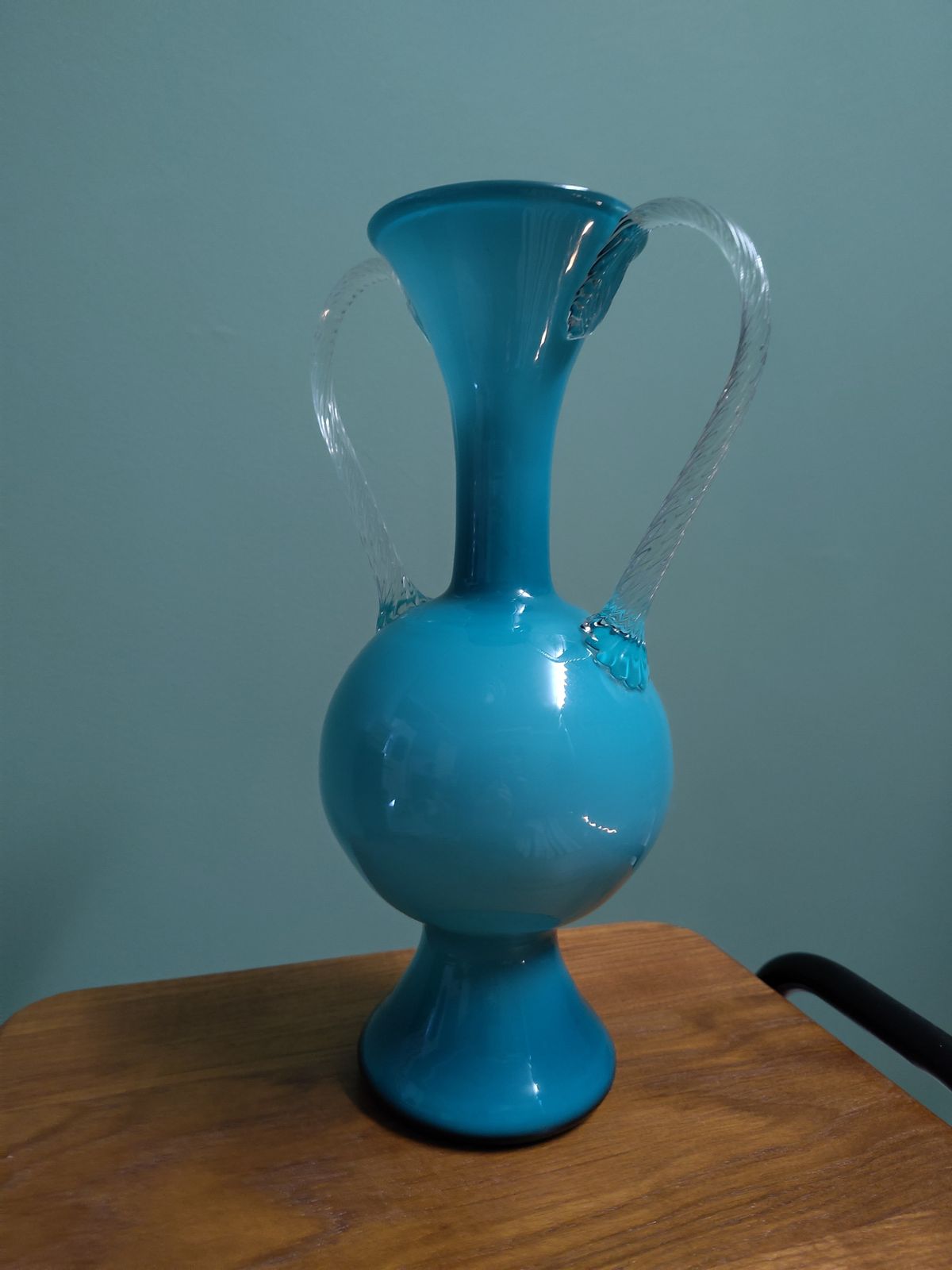 photo for sale Museum Grade Jugendstil ‘Petrol’ Cased Glass Amphora (C. 1900) Luminous Deep Blue Over Opaline | Hand Blown 32.5cm Sculptural Form | Twisted Clear Handles | Four Generation Provenance