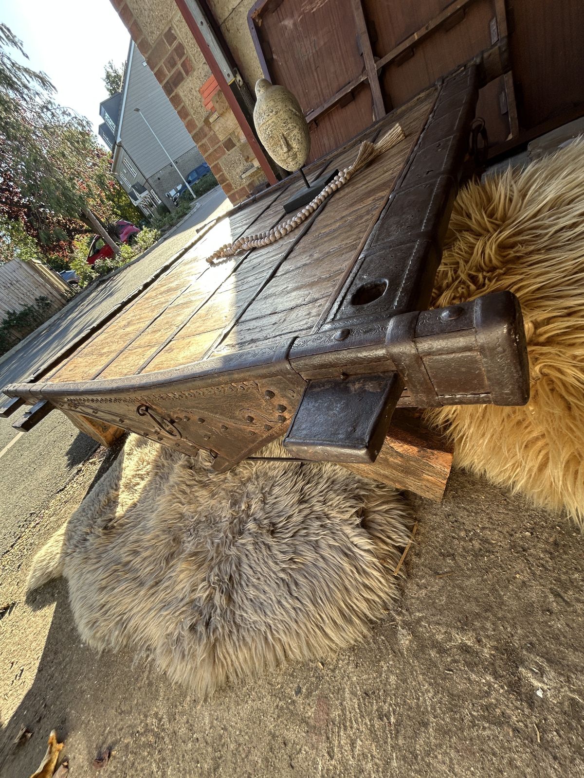 photo for sale Antique Tibetan Ox Cart Wood And Metal Coffee Table