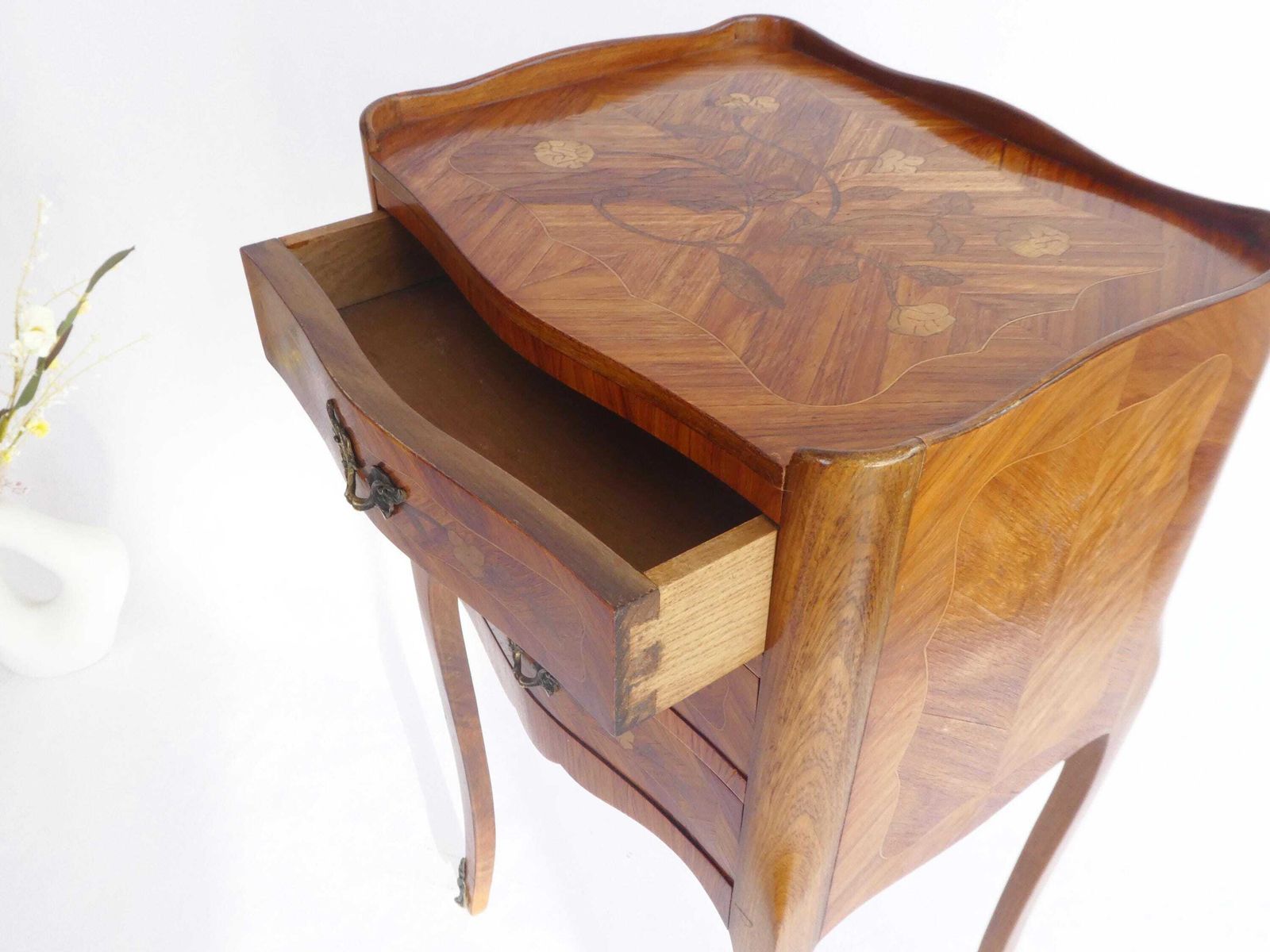 French Marquetry Nightstand Louis XV Style, Wooden Inlaid Side Table With Drawers photo vinterior