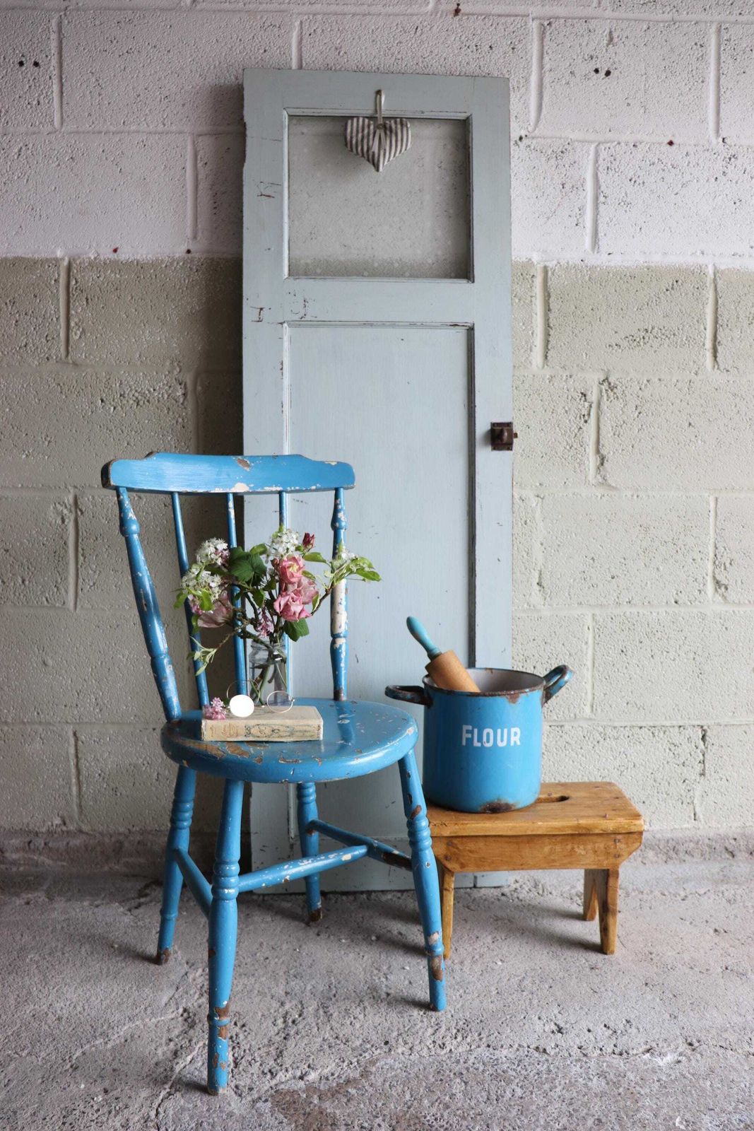 Charming Orignal Shabby Blue Painted Spindle Back Farmhouse Penny Chair photo furniture