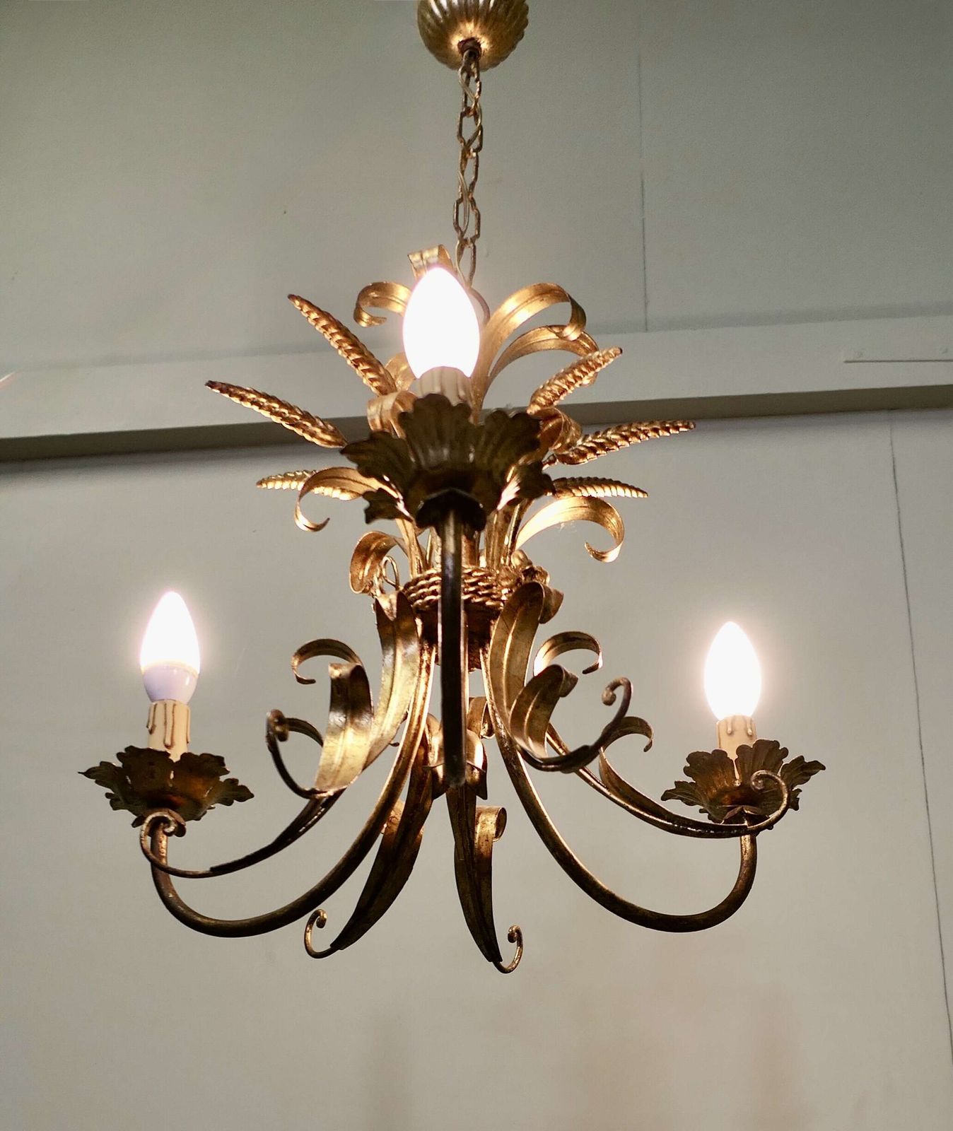 French Toleware Gilded Chandelier This Is A Very Pretty 3 Branch Harvest Light photo for sale