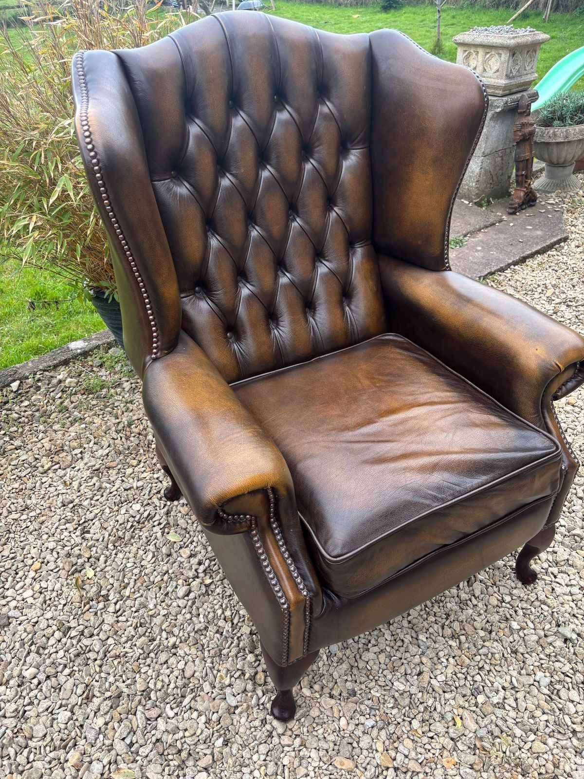 Chesterfield Real Leather Queen Anne Wingback Chair Stunning Condition photo furniture