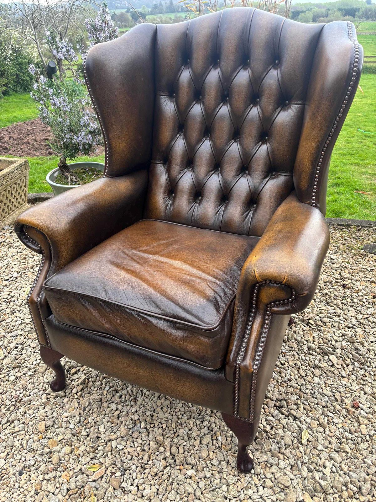 Chesterfield Real Leather Queen Anne Wingback Chair Stunning Condition photo for sale