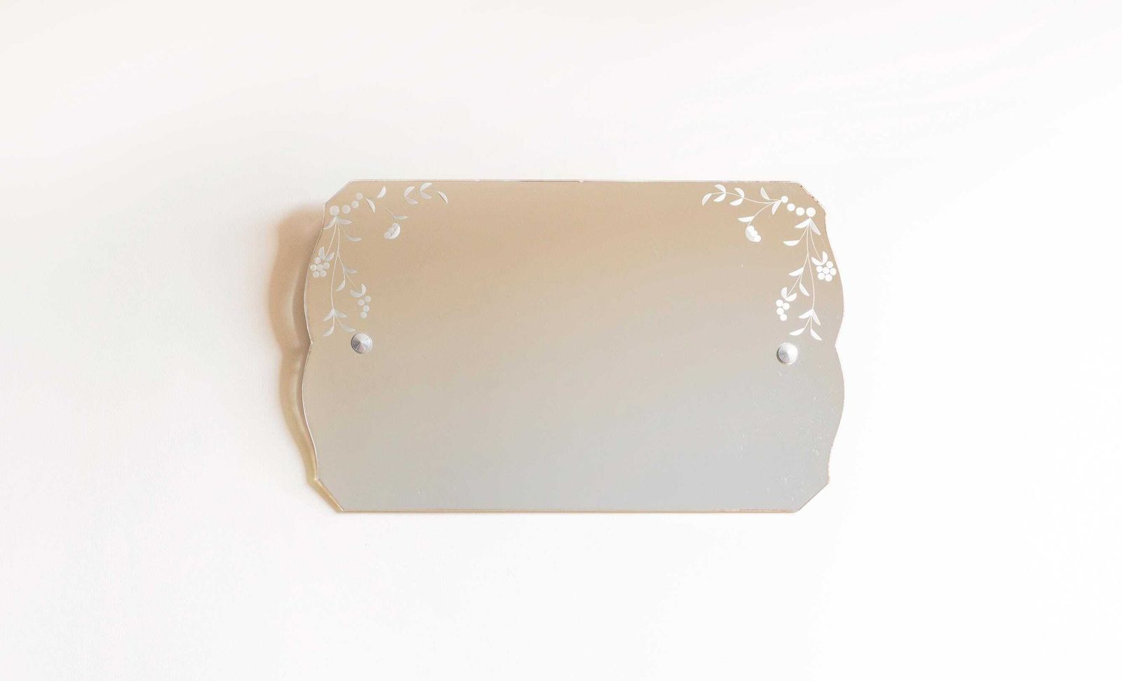 Antique Frameless Mirror   Art Deco Wall Mirror With Etched Floral Glass, 1940s