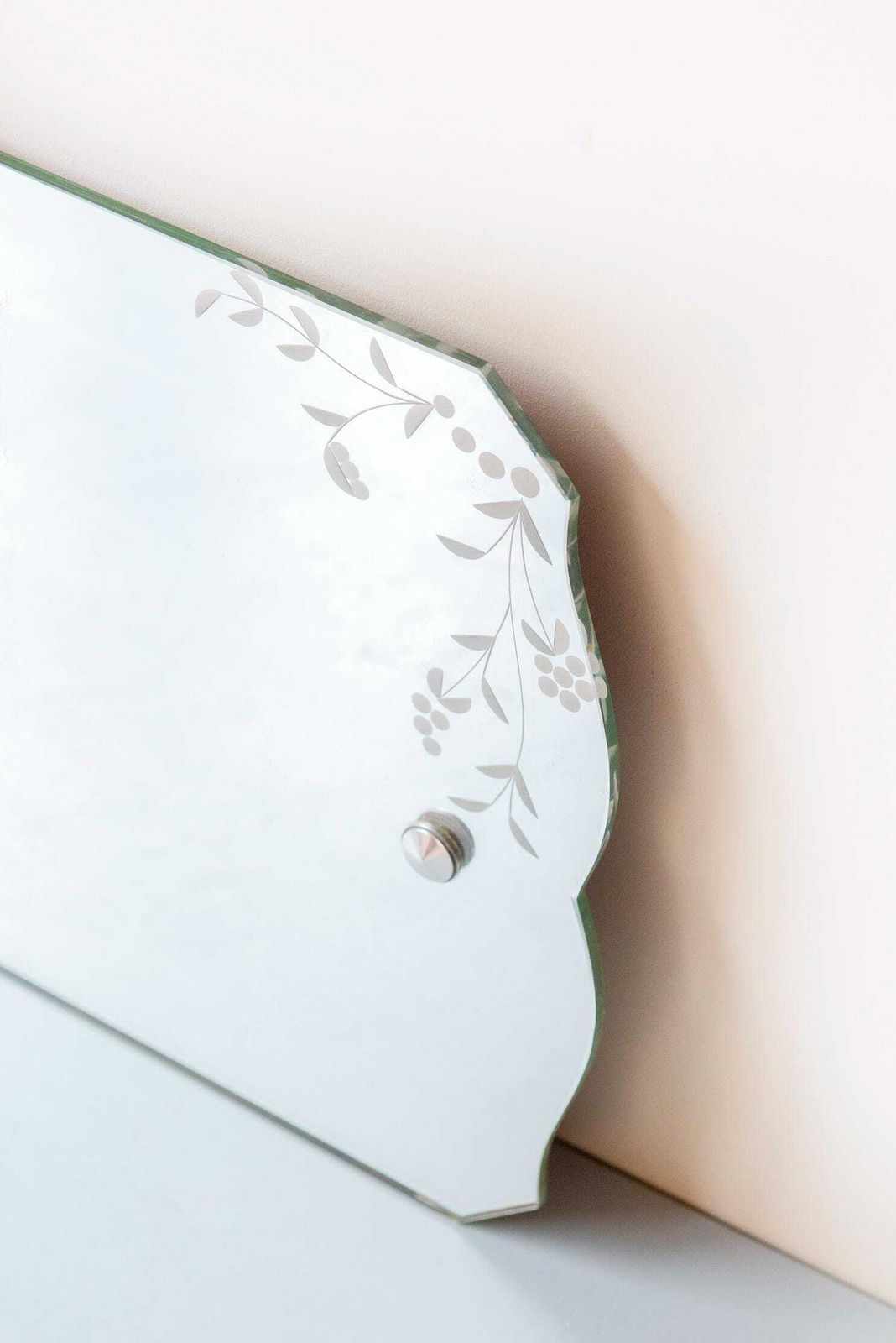 Antique Frameless Mirror   Art Deco Wall Mirror With Etched Floral Glass, 1940s photo 228.0