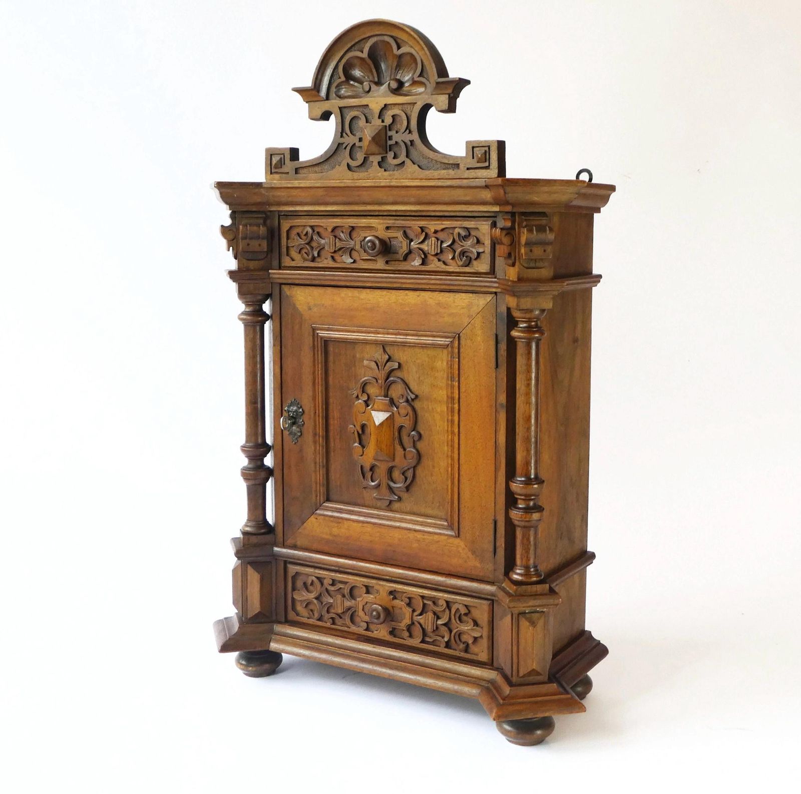 Antique Carved German Apothecary, Ornate Wooden 1900's Medicine Cabinet, Chest With Floral Details