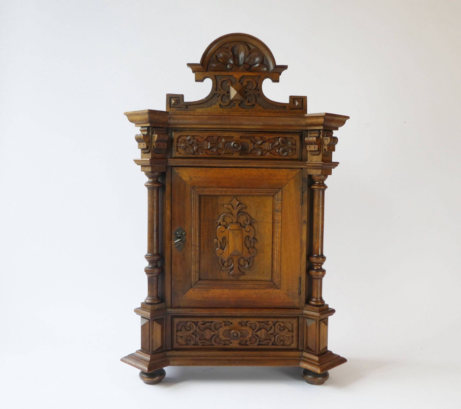 Antique Carved German Apothecary, Ornate Wooden 1900's Medicine Cabinet, Chest With Floral Details photo for sale