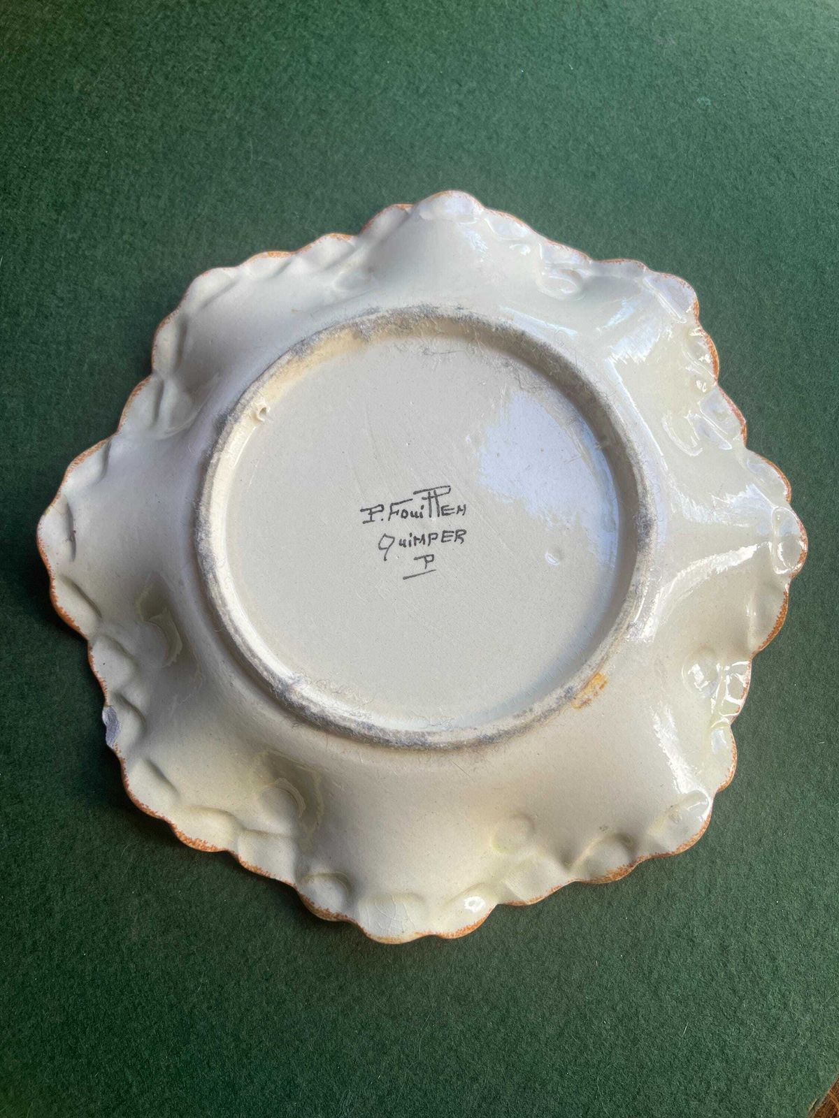 Decorative Faience Plate. Signed Paul Fouillen Quimper France. Hand Painted Floral Mandala Motif Scalloped Rim. Gallery Wall Decor. photo Home Decor