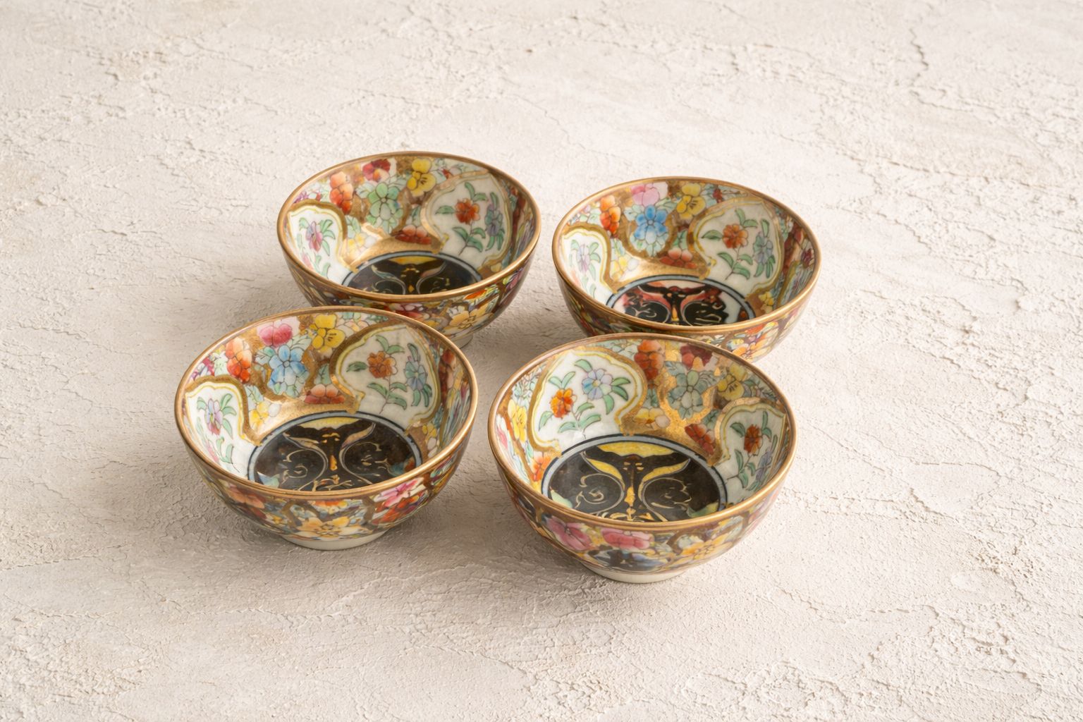 Set Of Four Japanese Decorative Enamel Sake Cups, Mid 20th Century