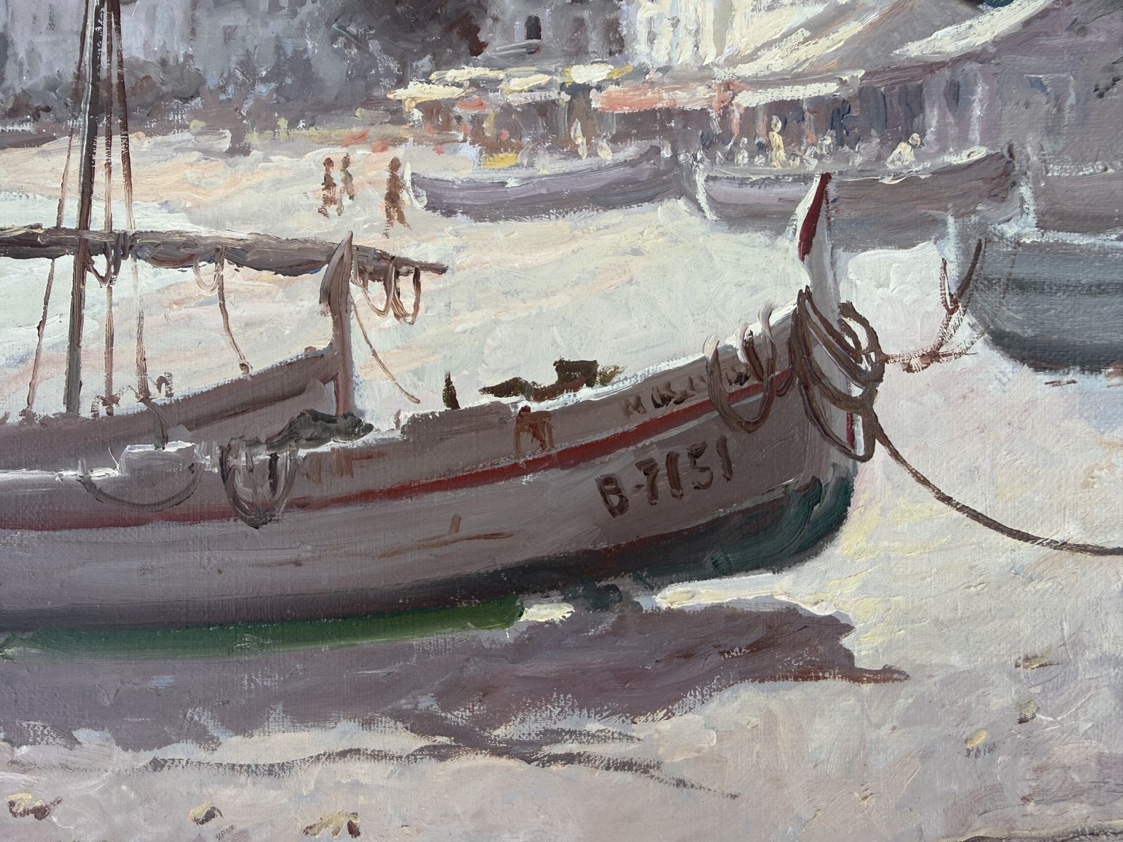 Juan Pardo Forteza Cadaqués Havenkerk Catalonië Middellandse Zee Vissersboot Olieverfschilderij Spaans Kustlandschap Jaren 1960 photo for sale