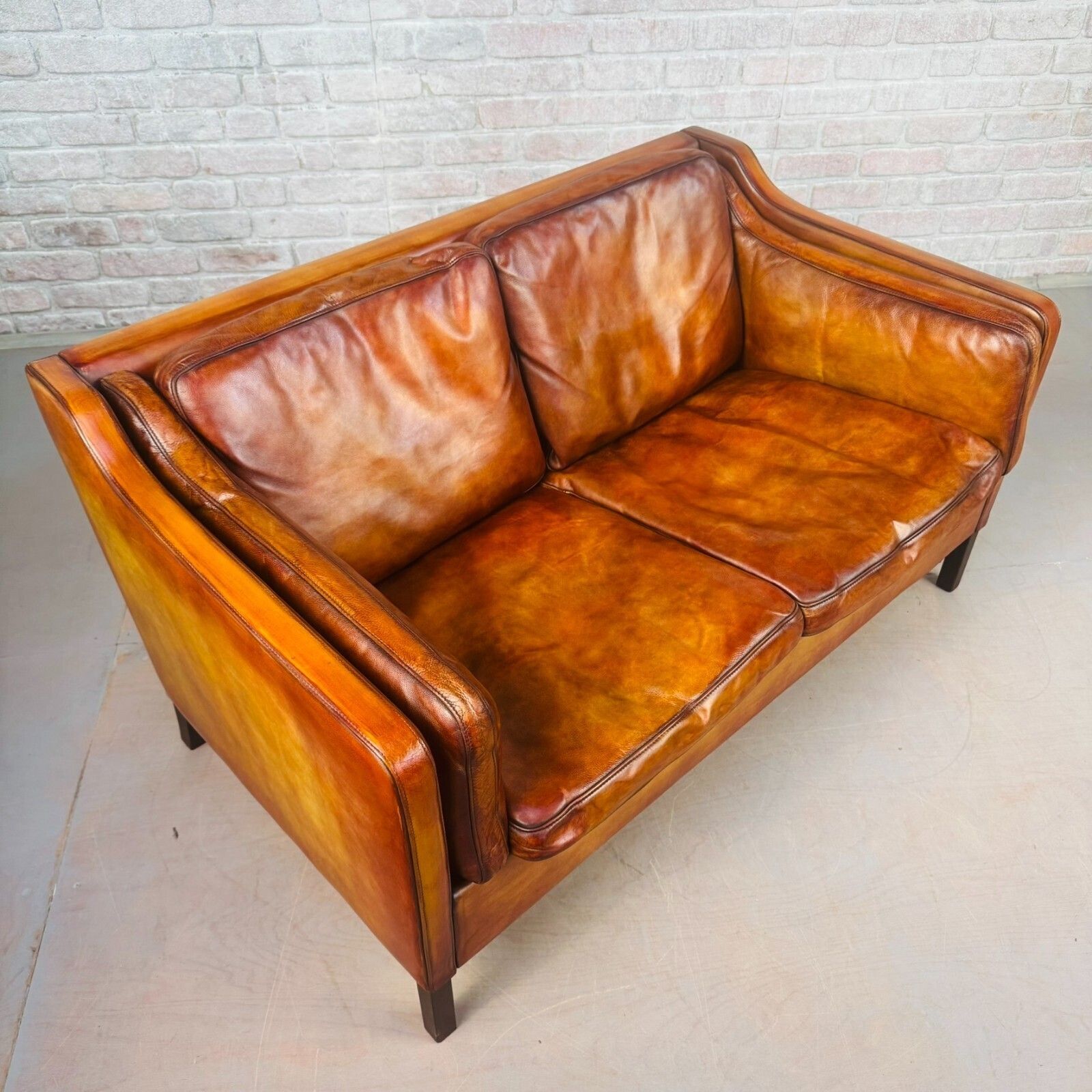 photo vinterior Vintage Danish Tan Leather Two Seater Sofa 1970s Mid Century Hand Dyed