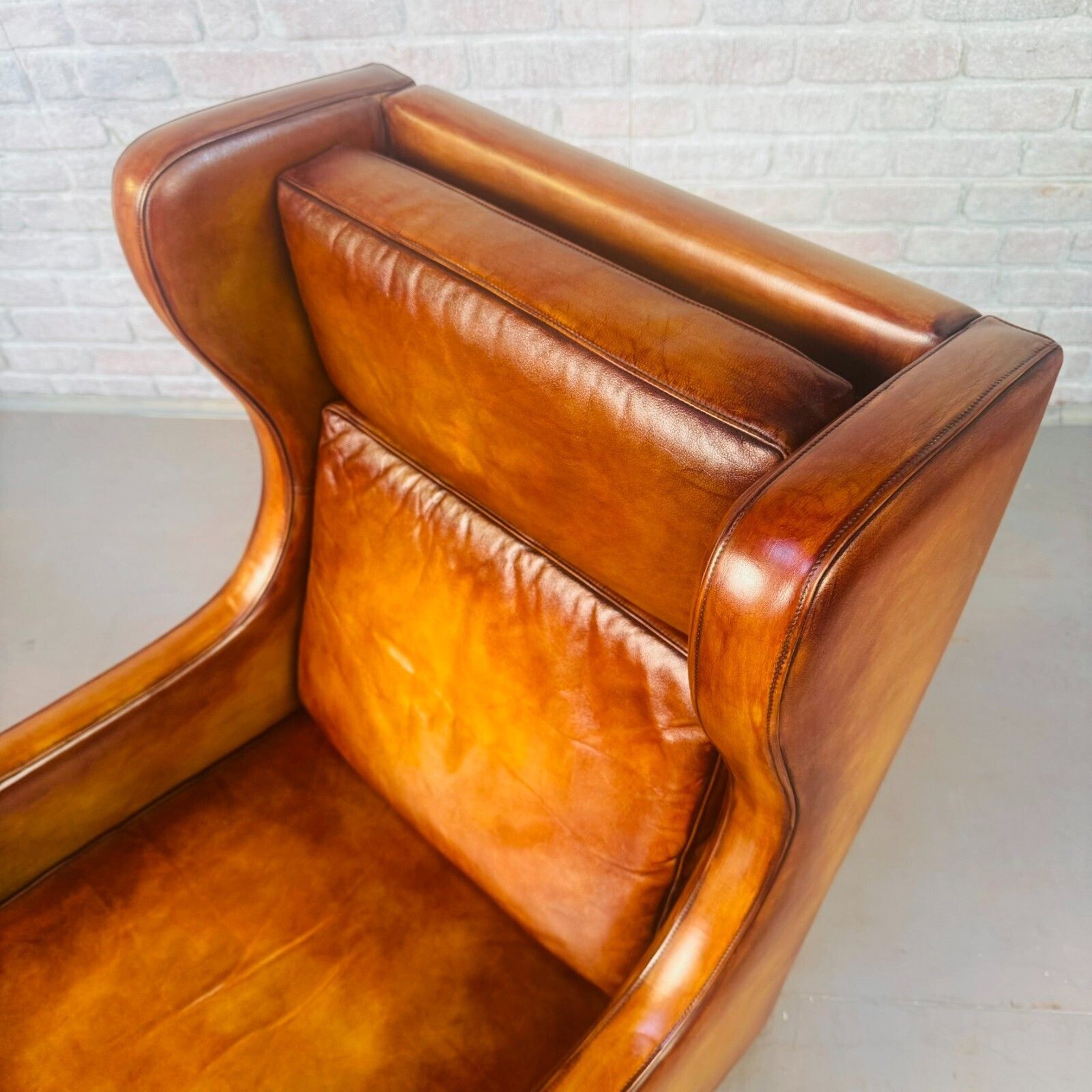 Furniture Vintage 1970s Danish High Back Tan Leather Armchair Mid Century Lounge Chair photo