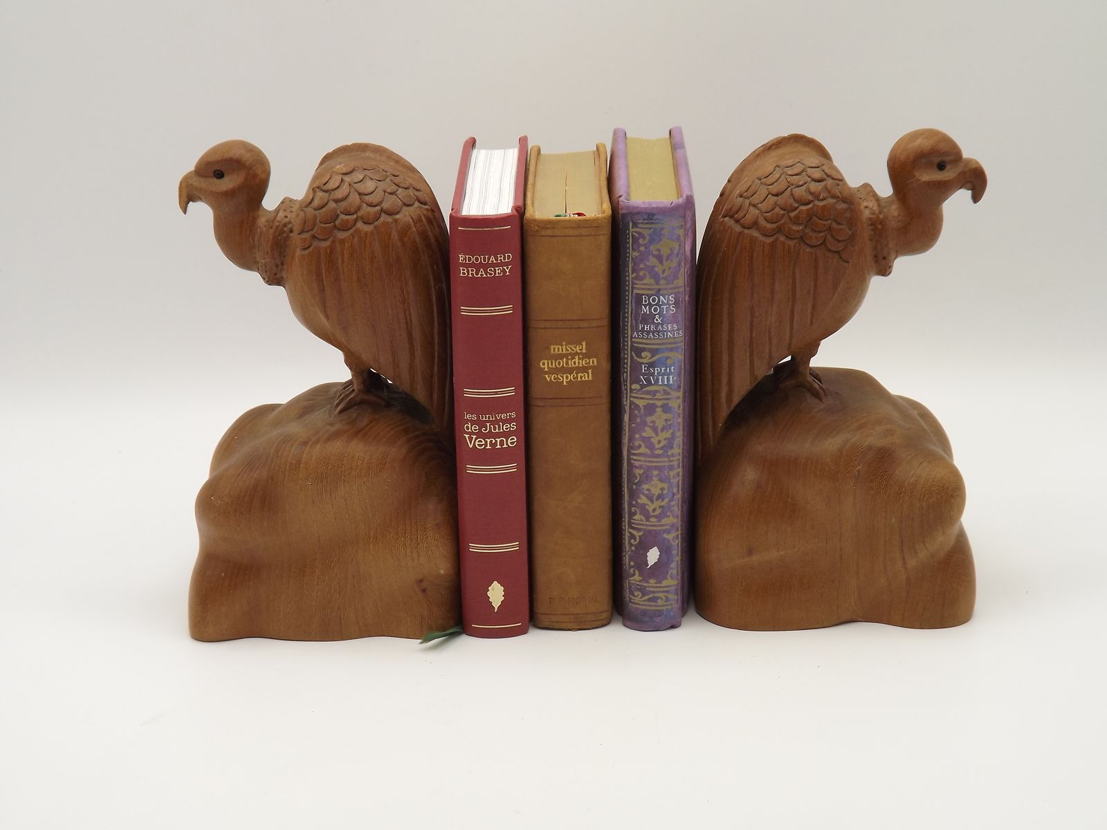 photo buy Unusual Pair Of Vintage Hand Carved Vulture On A Rock Wooden Book Ends