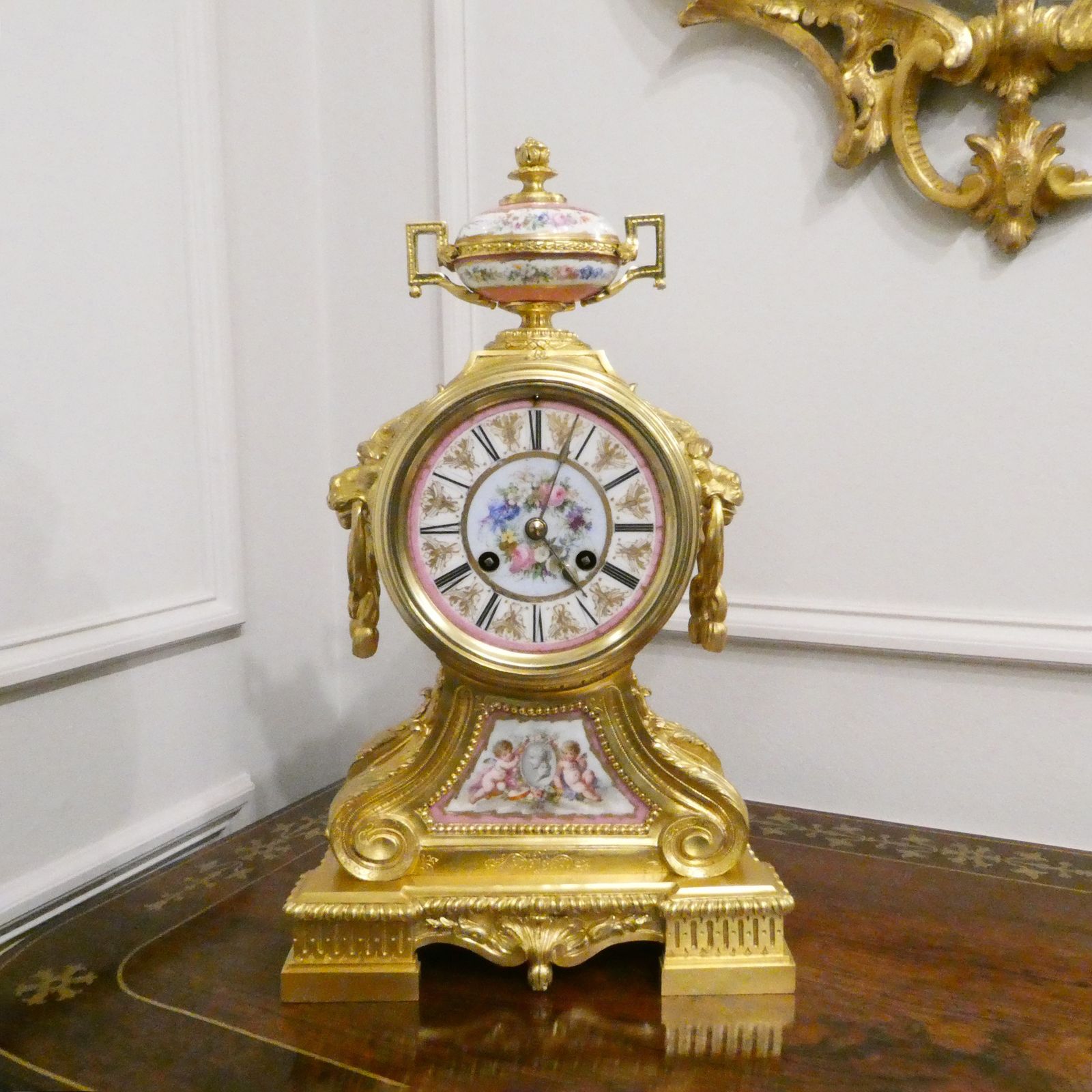 French Louis XV Style Gilt Bronze & Porcelain Mantel Clock By Jean Baptiste Delettrez