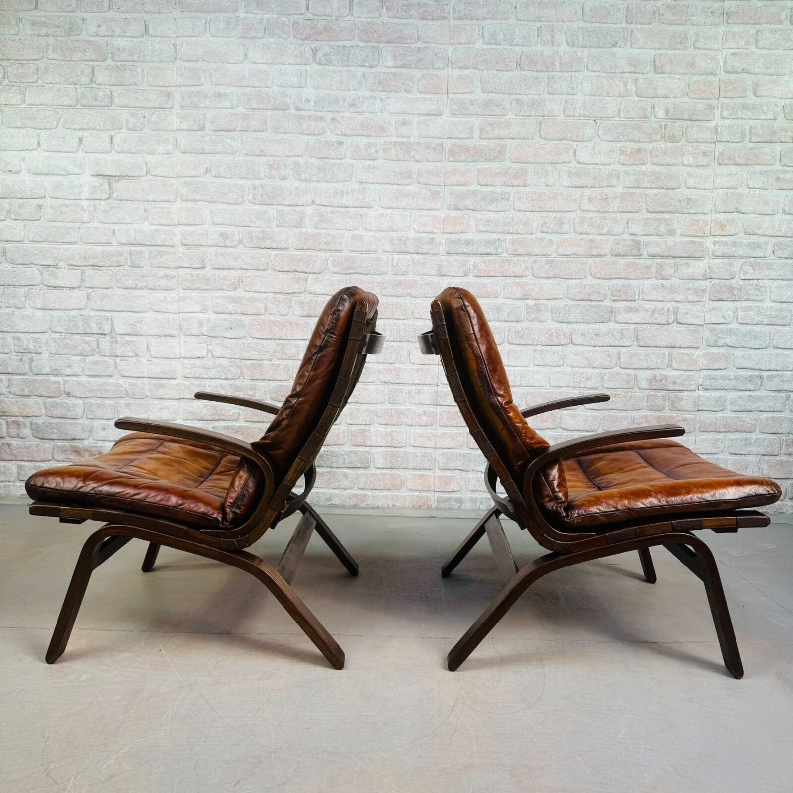 Mid Century Danish Farstrup Mobler Tan Leather Armchairs Pair Bentwood Miljø photo vintage