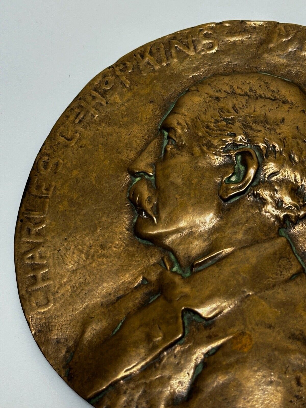 Rare Victorian 1895 English Gilt Bronze Portrait  Medallion – Charles C. Hopkins – 12cm – In The Manner Of Frampton photo buy