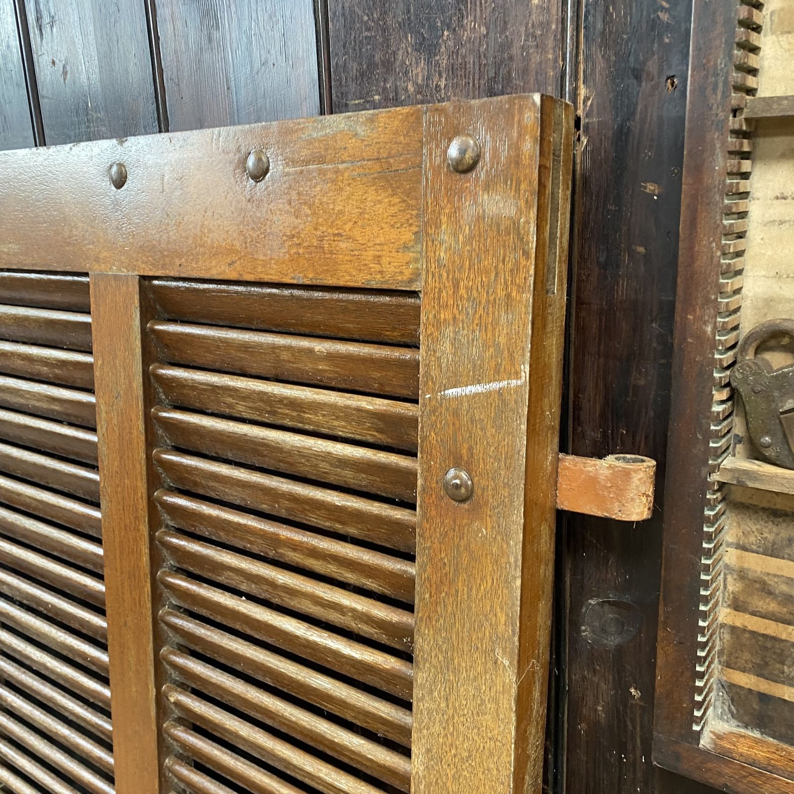 425.0 Vintage Salvaged French Chauteau Chestnut Louvre Window Shutters Two Sets Avail photo