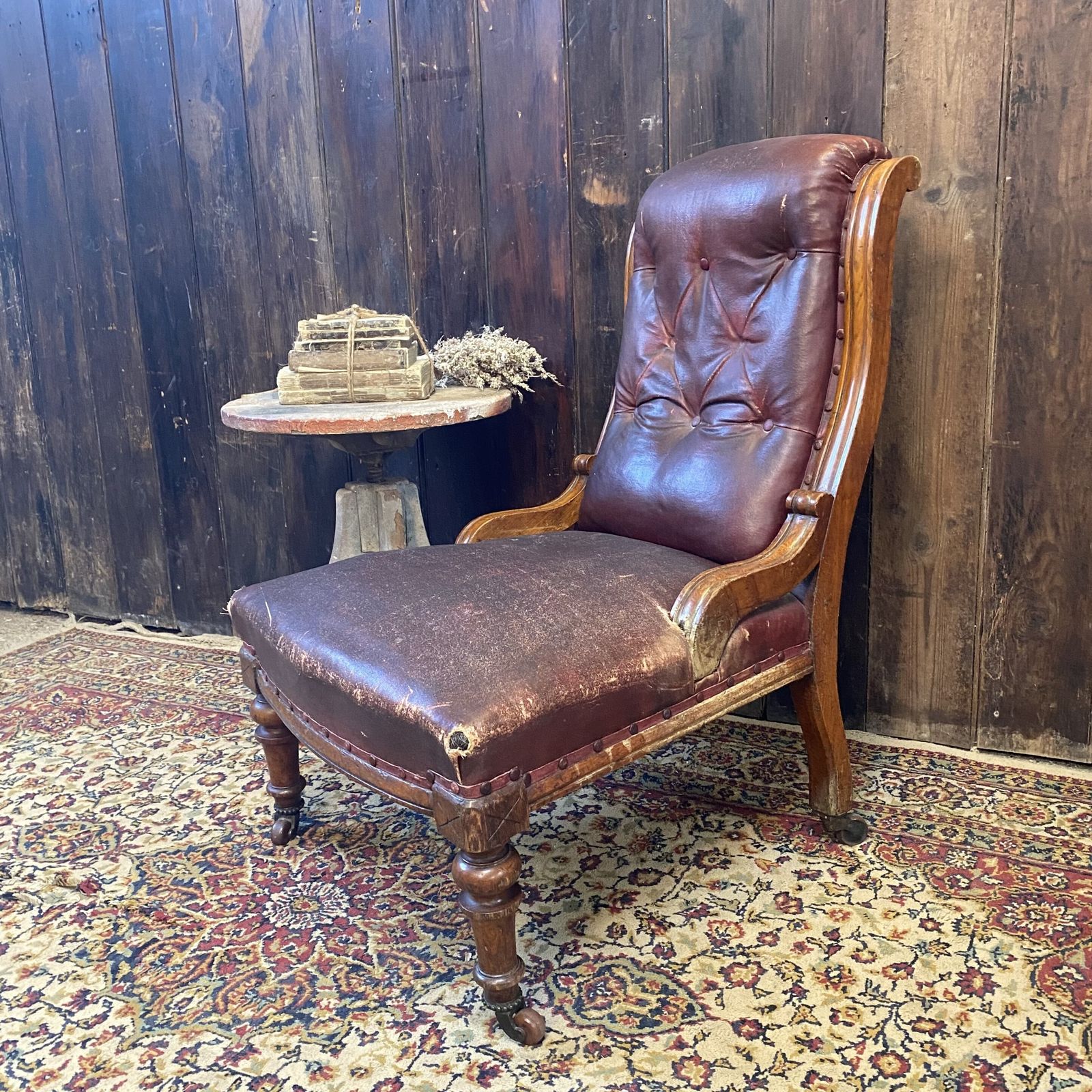 Antique Victorian Faux Leather Horseshair Fireside Reading C & C Castors Chair photo Furniture