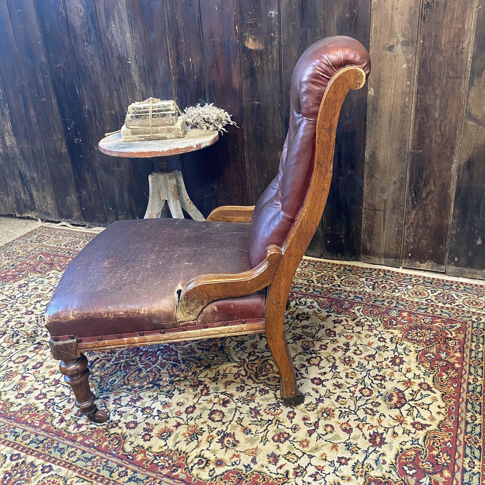 photo for sale Antique Victorian Faux Leather Horseshair Fireside Reading C & C Castors Chair