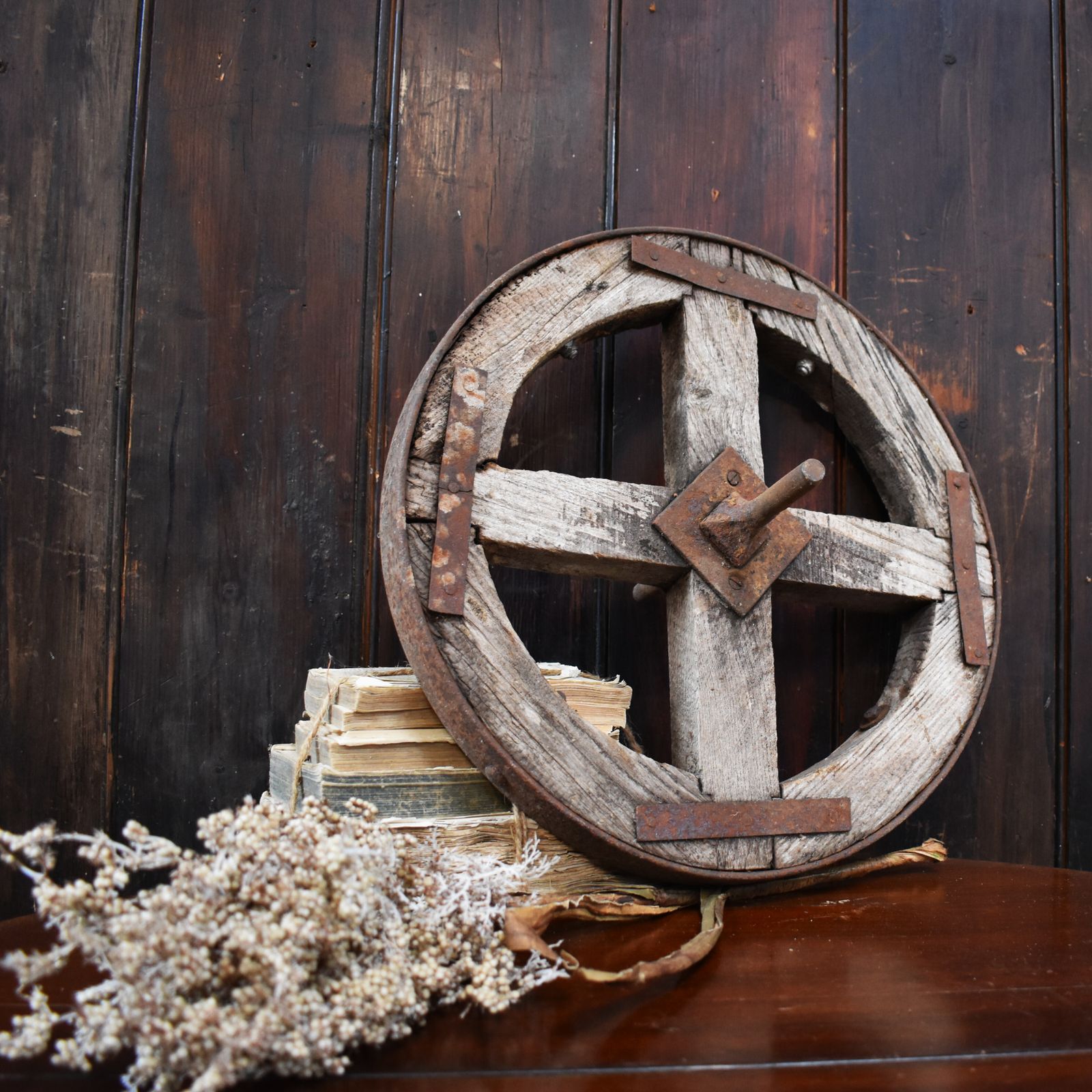 Antique Salvaged Wooden Garden Decorative Display Cart Wheel
