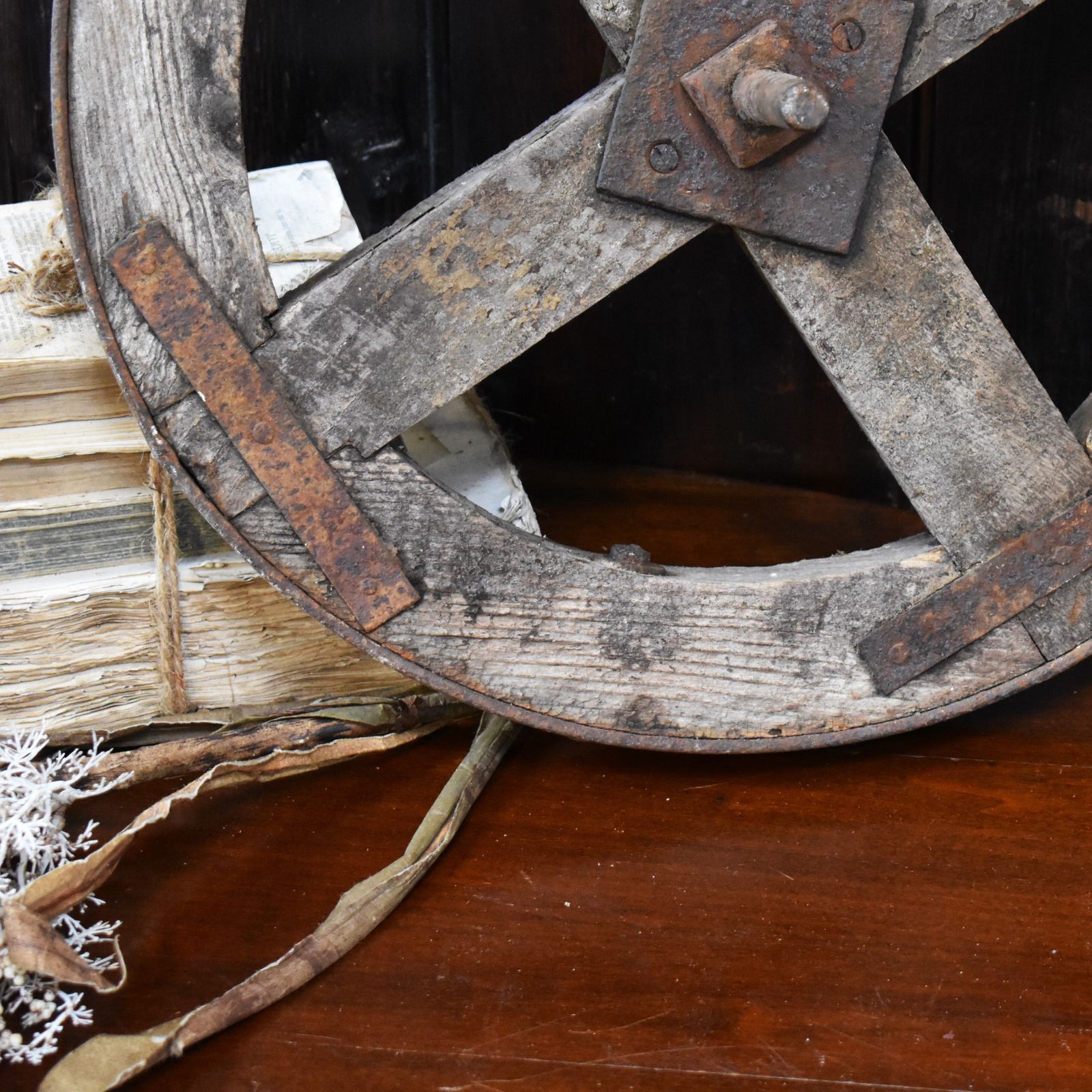 Antique Salvaged Wooden Garden Decorative Display Cart Wheel photo buy