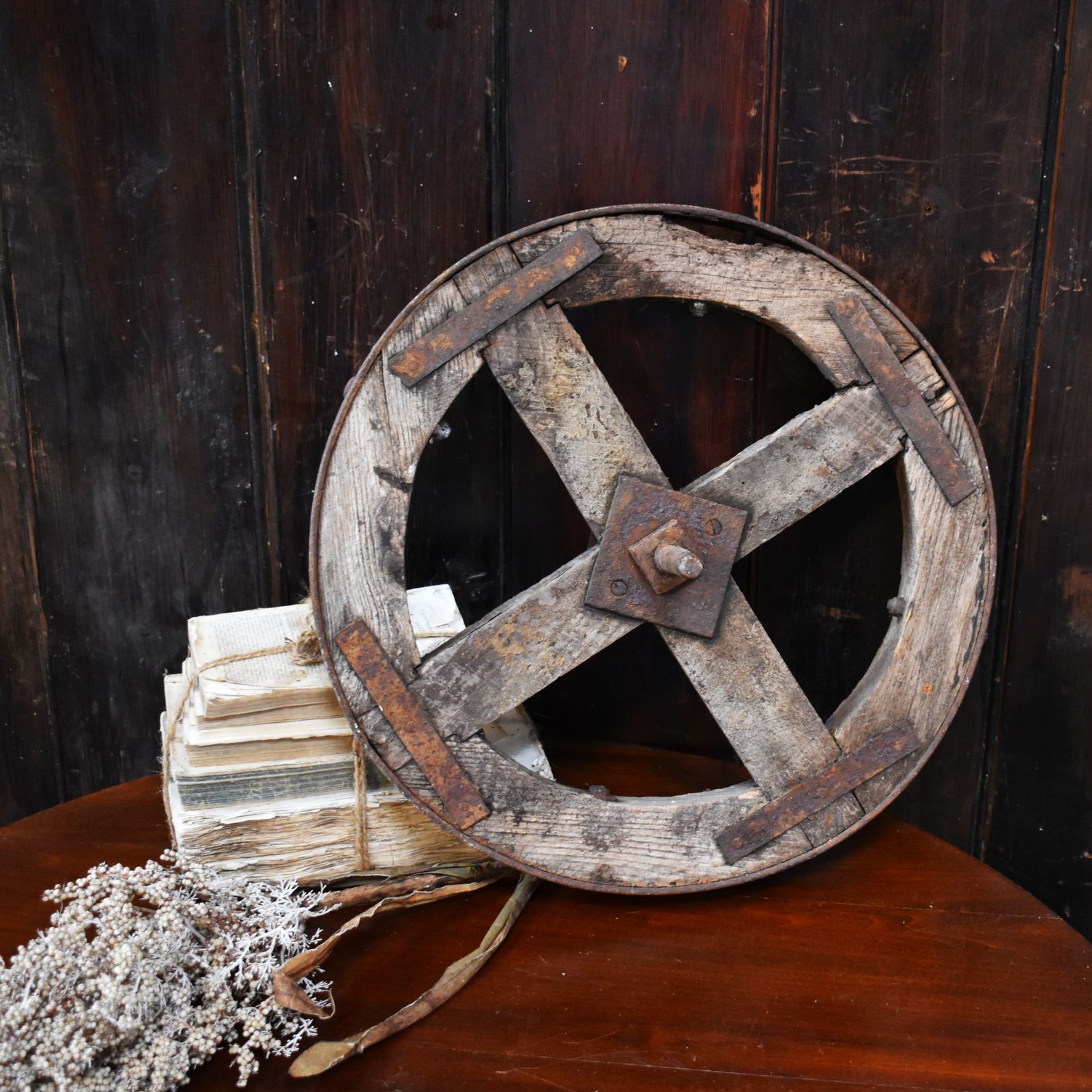 Antique Salvaged Wooden Garden Decorative Display Cart Wheel photo vintage