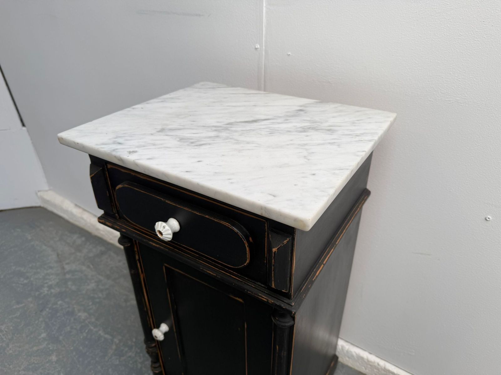 A Genuine Hungarian Pine Painted Black Marble Victorian Bedside Cabinet photo furniture
