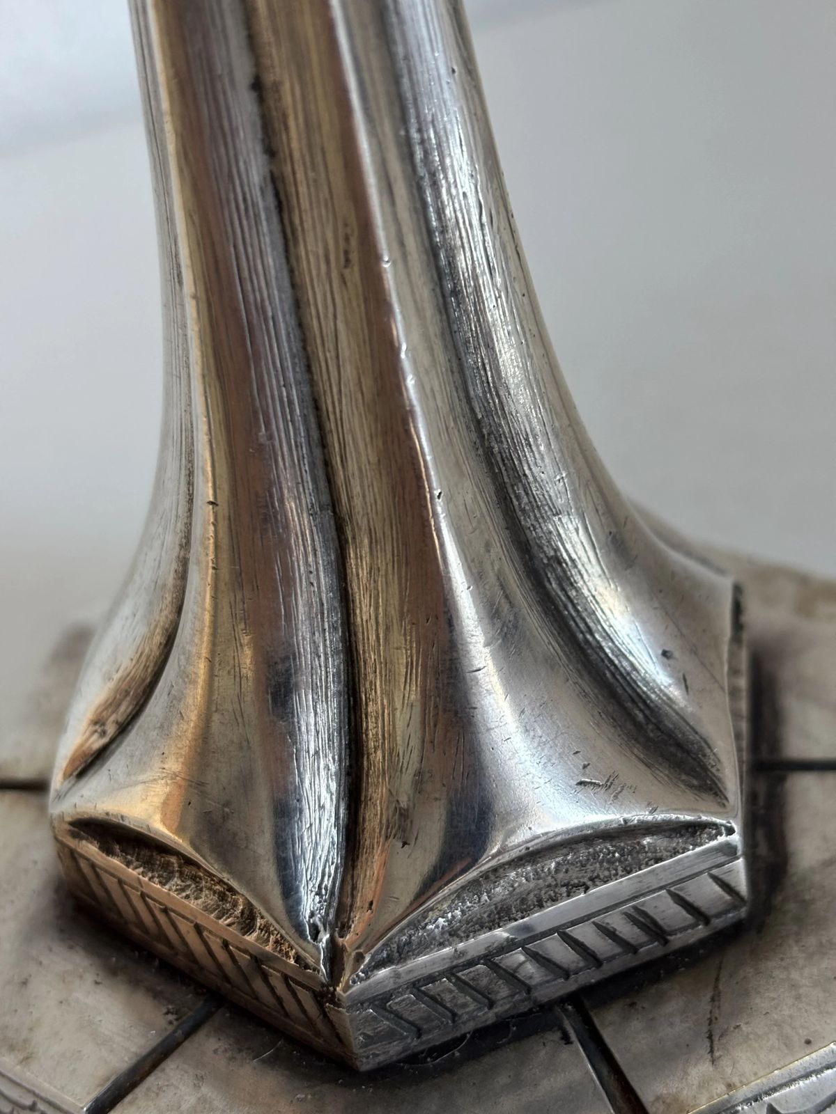 Art Deco Table Lamp, 1920s–1930s — Nickel Plated Metal Tree Trunk Base, Molded Pressed Glass Shade — France   35cm photo buy
