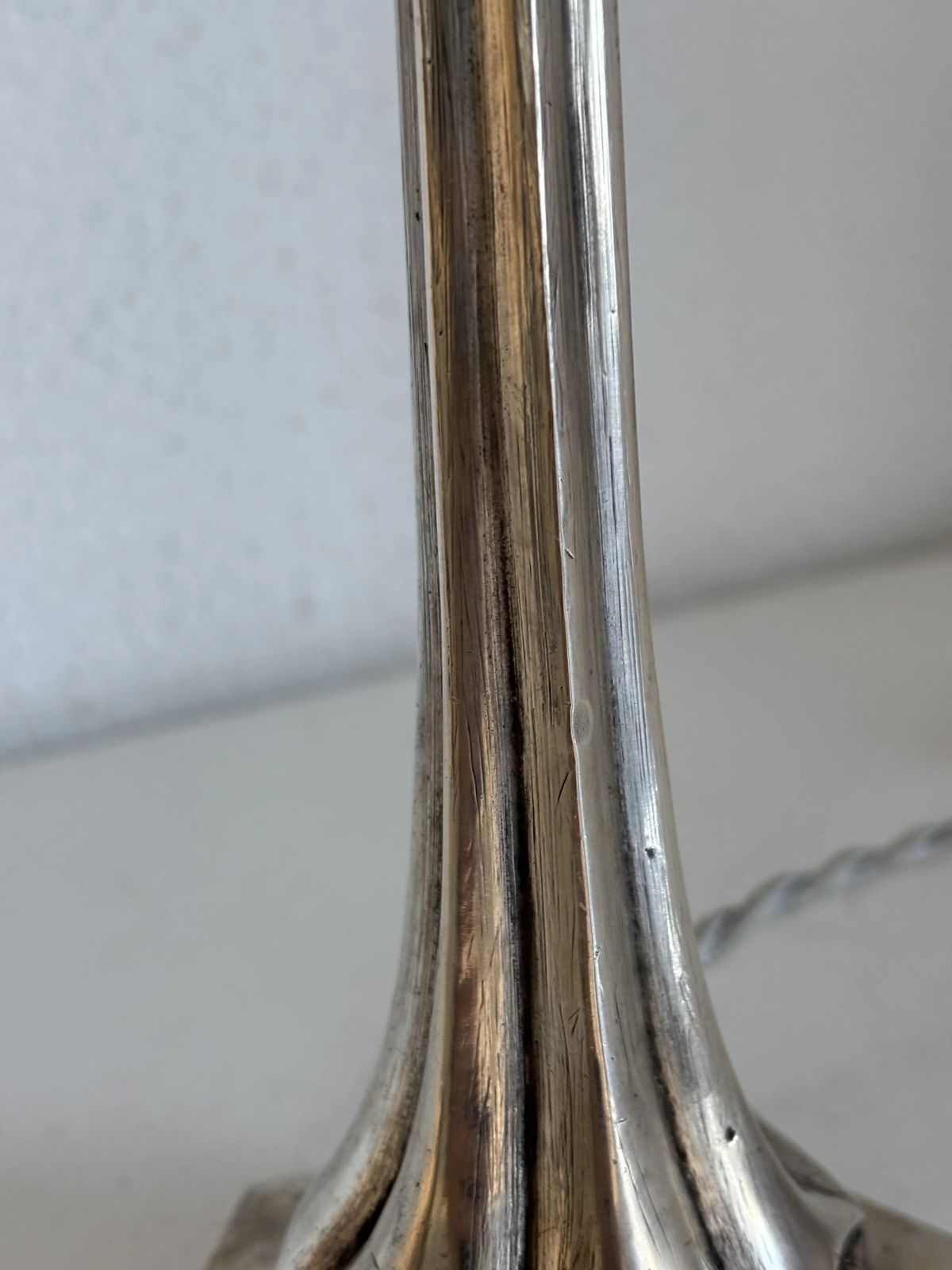 photo for sale Art Deco Table Lamp, 1920s–1930s — Nickel Plated Metal Tree Trunk Base, Molded Pressed Glass Shade — France   35cm