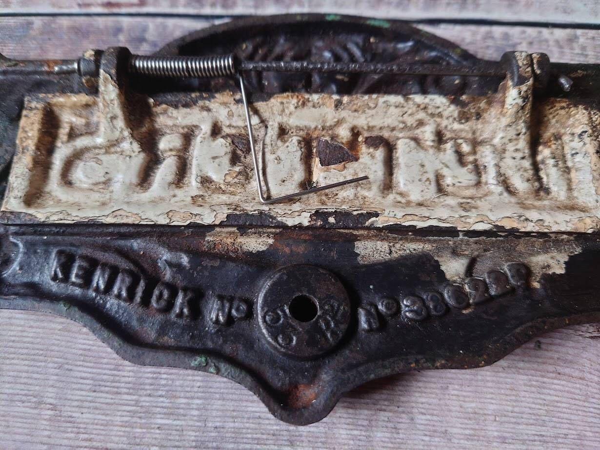 photo furniture Edwardian Kenrick Iron Letter Plate: Antique Mail Postal Knocker, 1902
