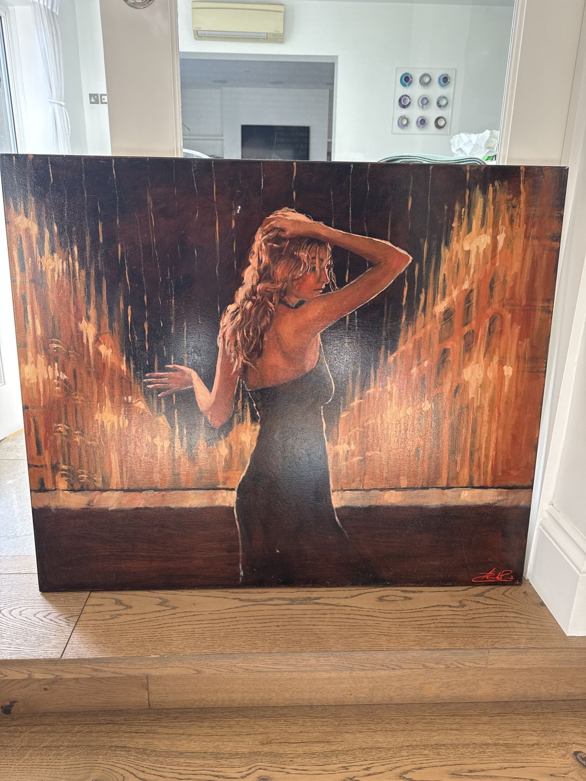 Striking Signed Contemporary Canvas  Elegant Female Figure In Warm Tones photo furniture
