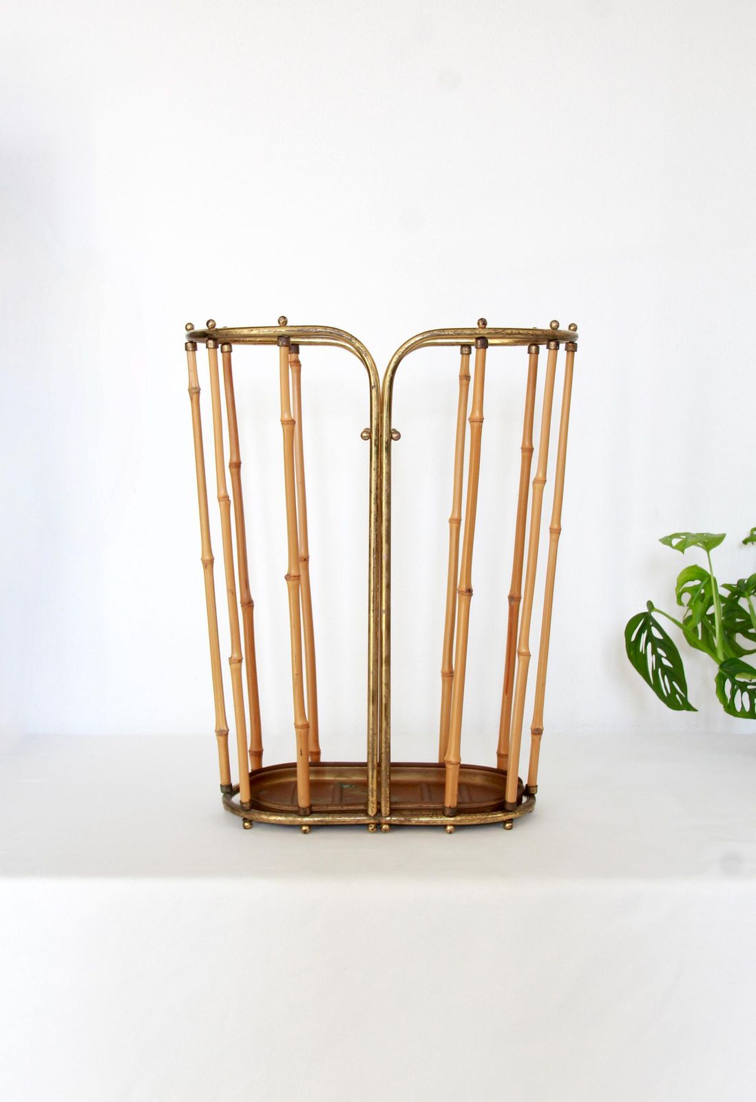 Marinella, Midcentury Modern Brass And Bamboo Umbrella Stand In The Style Of Gabriella Crespi, Italy, 1950s