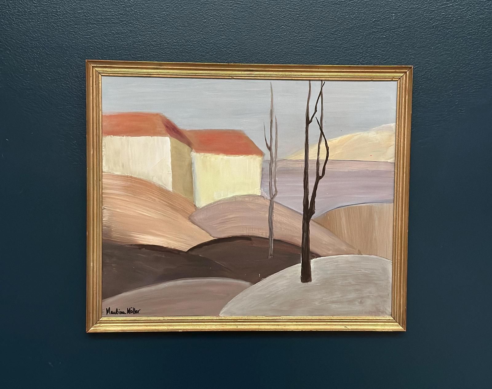 Original Swedish Oil On Panel – “Houses With Red Roofs” By Martina Möller – Contemporary – 54 × 45 Cm (21.3" × 17.7")