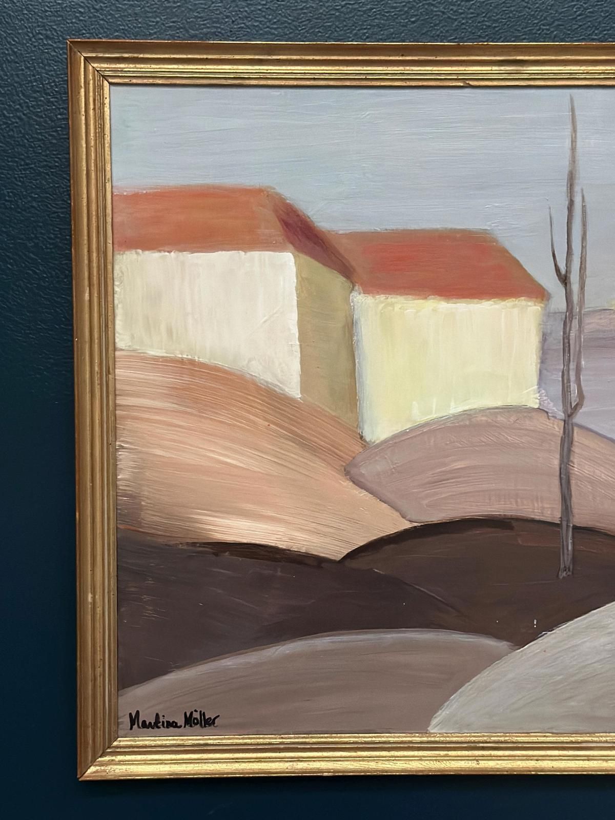 Original Swedish Oil On Panel – “Houses With Red Roofs” By Martina Möller – Contemporary – 54 × 45 Cm (21.3" × 17.7") photo Art