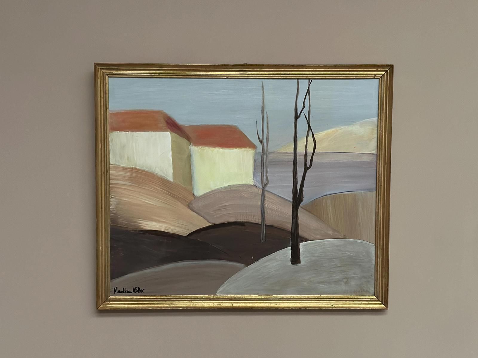 Art Original Swedish Oil On Panel – “Houses With Red Roofs” By Martina Möller – Contemporary – 54 × 45 Cm (21.3" × 17.7") photo