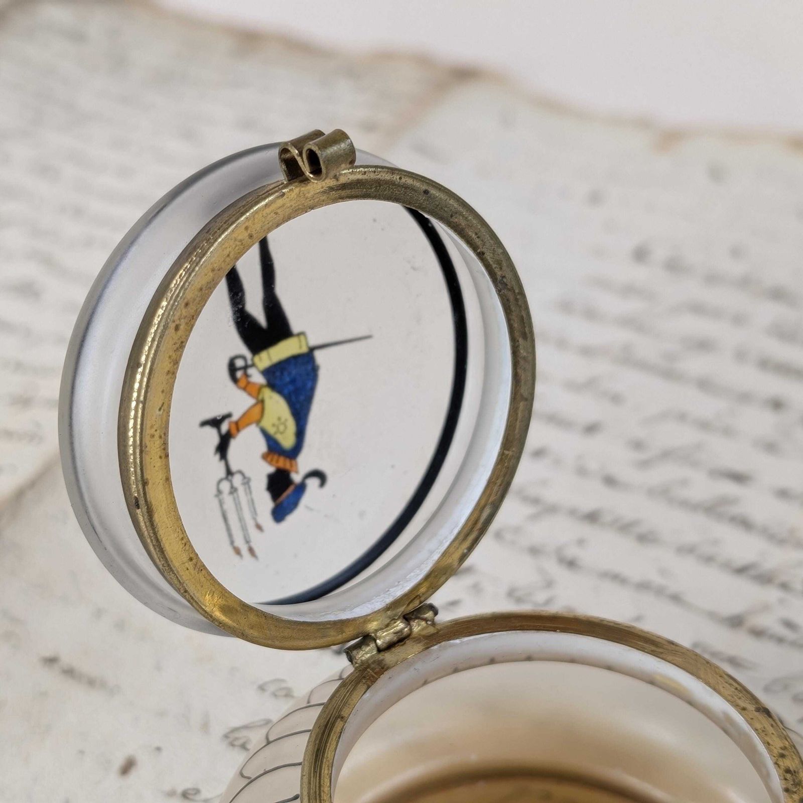 photo furniture French Frosted Glass Trinket Box, Vintage Satin Glass 1940s Silhouette Vanity Jar Hinged Pill Box