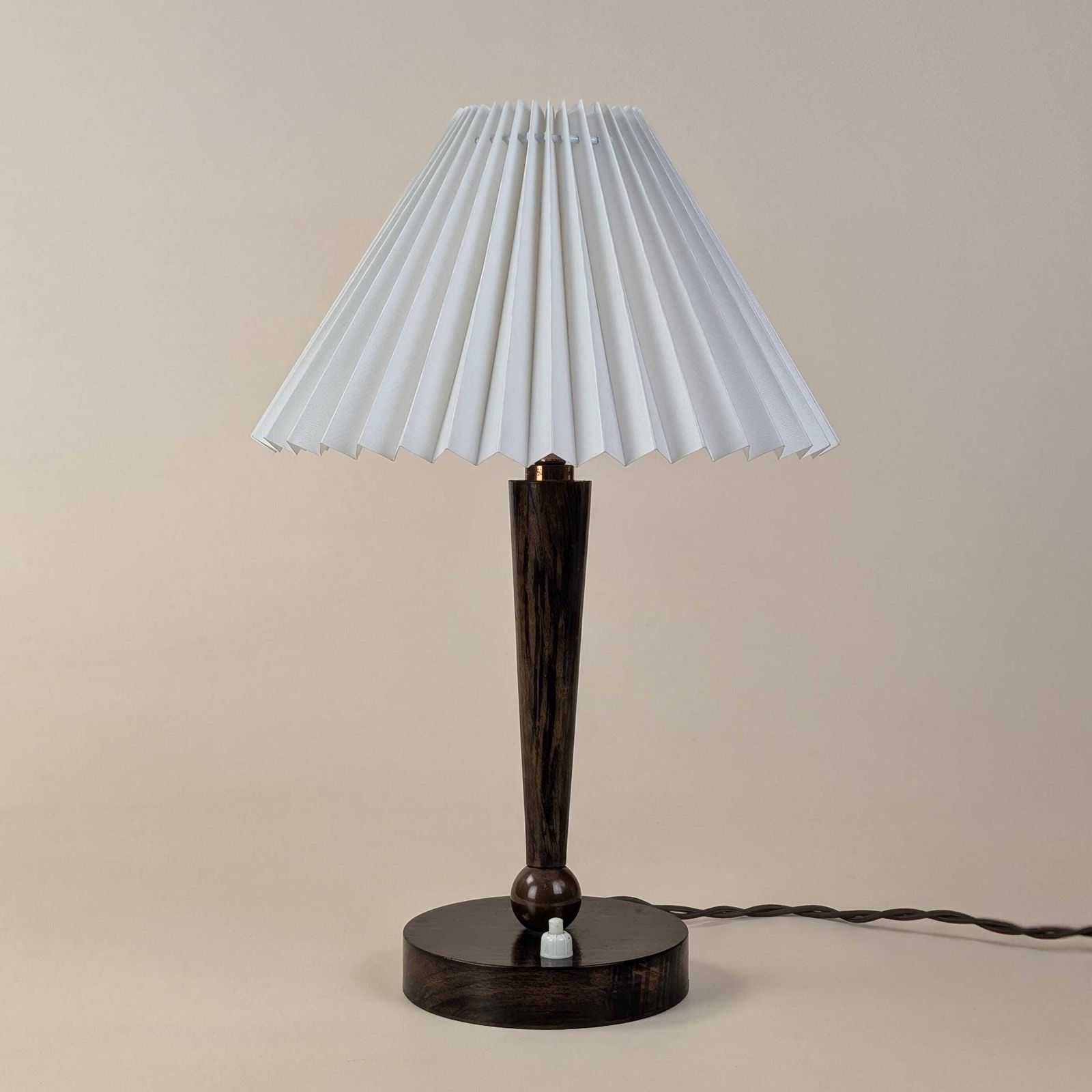 French Wood Table Lamp Faux Bois, Vintage French Painted Turned Base With Pleated Shade, Rewired Mid Century Accent Lighting photo furniture