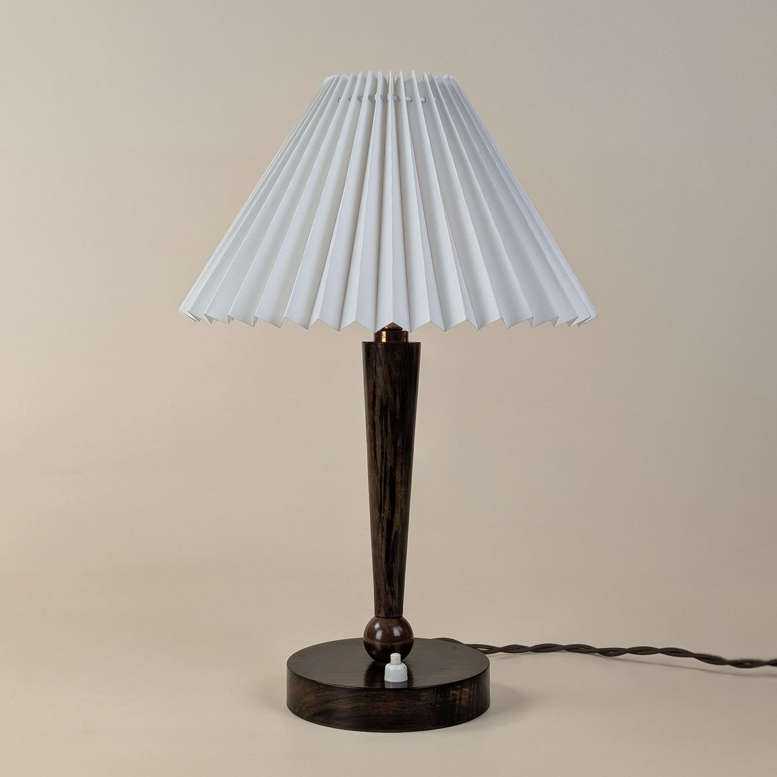 151.0 French Wood Table Lamp Faux Bois, Vintage French Painted Turned Base With Pleated Shade, Rewired Mid Century Accent Lighting photo
