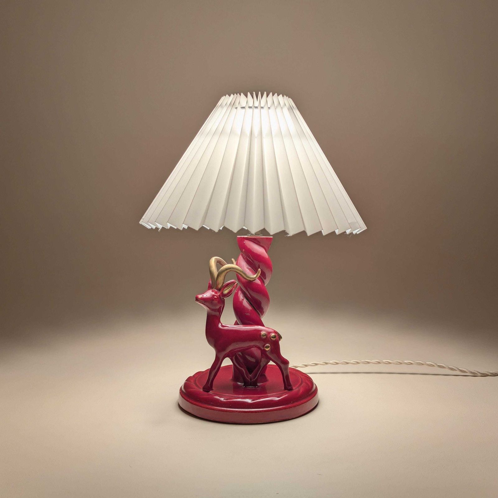 photo furniture French Art Deco Burgundy Ceramic Gazelle Lamp, Gébé Paris Mid Century Table Light With Pleated Shade