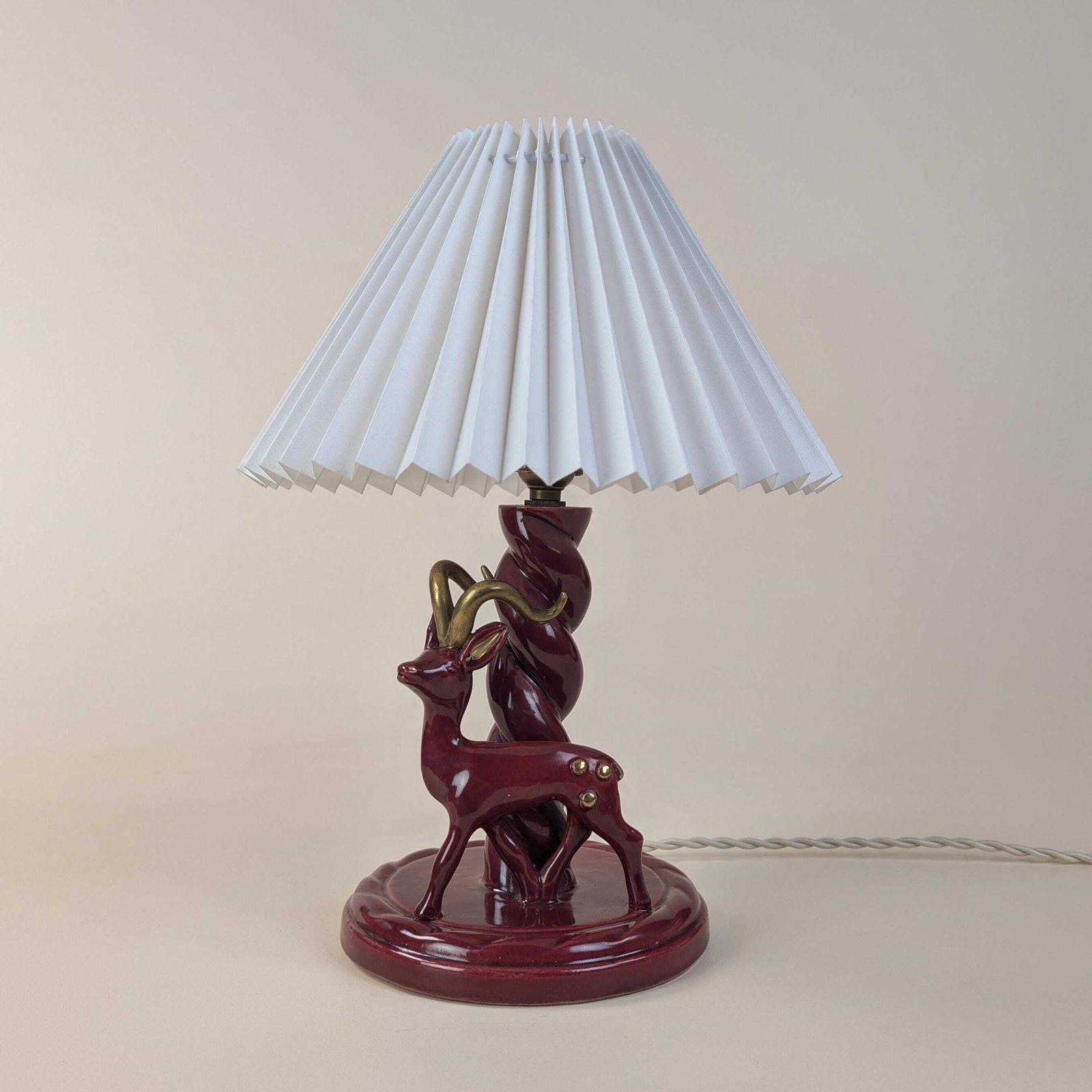 Lighting French Art Deco Burgundy Ceramic Gazelle Lamp, Gébé Paris Mid Century Table Light With Pleated Shade photo
